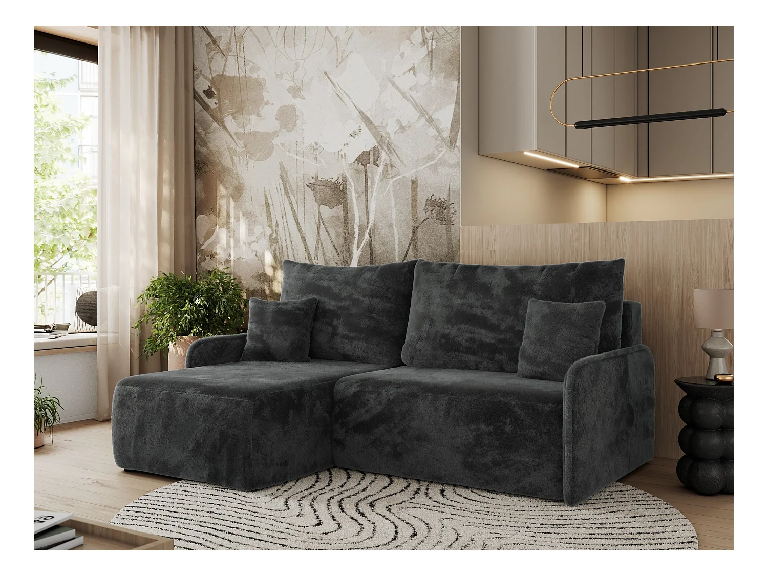 Ecksofa ARPA - L-form Schlaffsofa, Bettkasten und lose Kissen, Armlehnen - Dunkelgrau Plüsch - Ecke Links