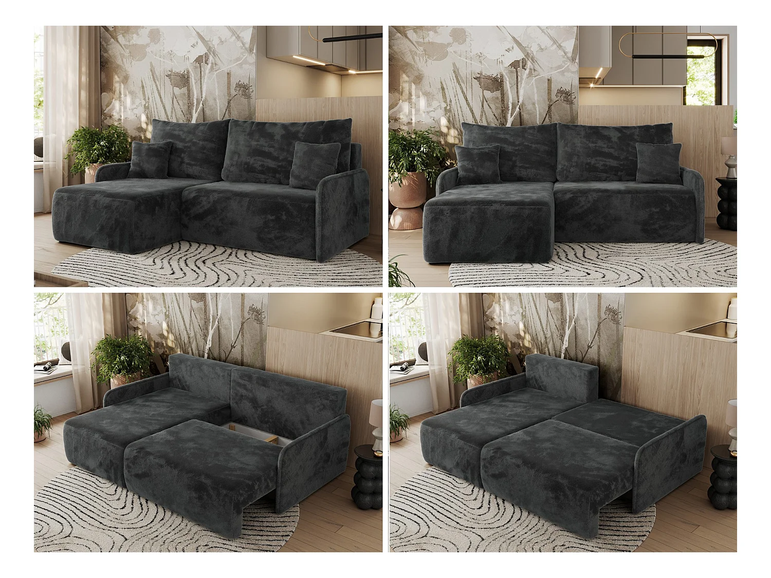 Ecksofa ARPA - L-form Schlaffsofa, Bettkasten und lose Kissen, Armlehnen - Dunkelgrau Plüsch - Ecke Links