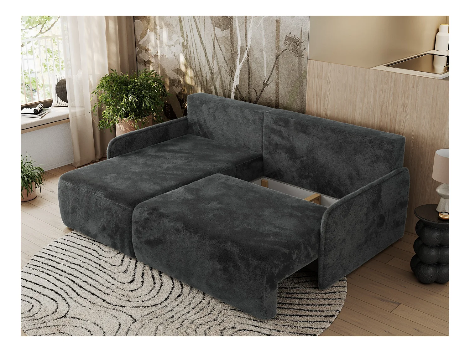 Ecksofa ARPA - L-form Schlaffsofa, Bettkasten und lose Kissen, Armlehnen - Dunkelgrau Plüsch - Ecke Links