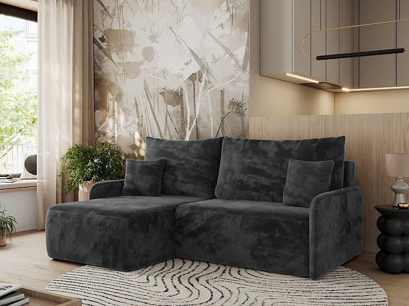 Ecksofa ARPA - L-form Schlaffsofa, Bettkasten und lose Kissen, Armlehnen - Dunkelgrau Plüsch - Ecke Links