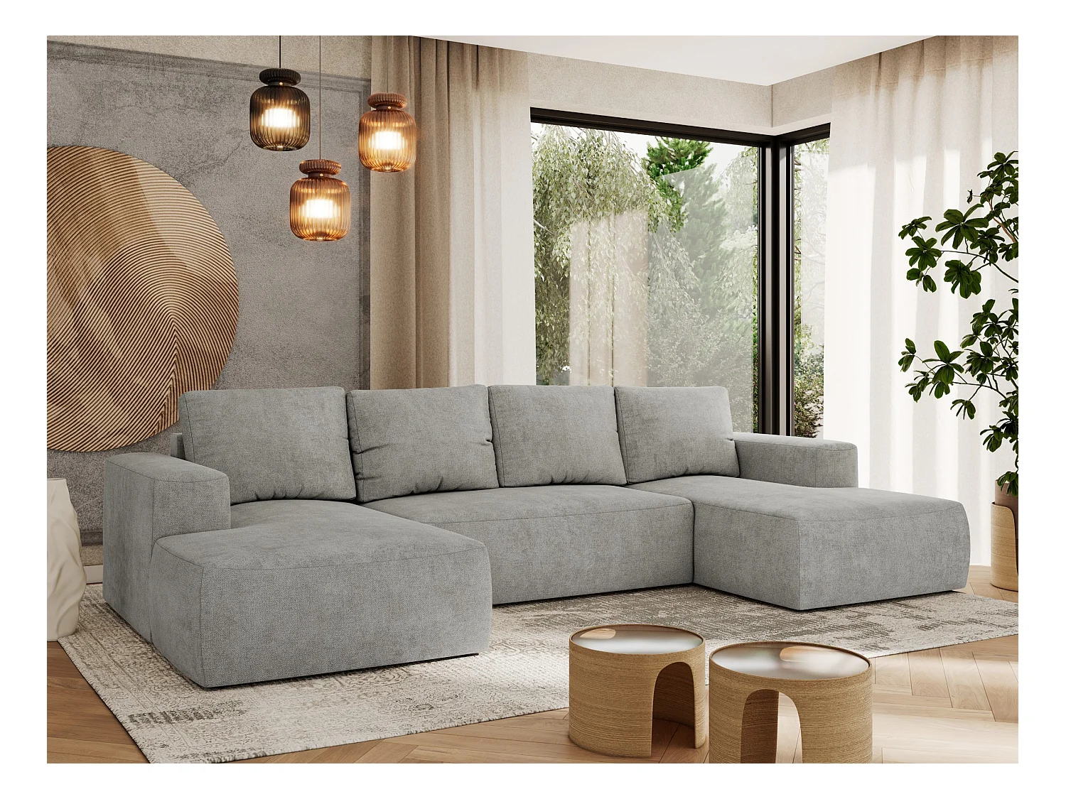 Ecksofa TRENTINO U - mit Schlaffunktion und Bettkasten, U-förmiges Wohnlandschaft, Armlehnen - Hellgrau Strukture