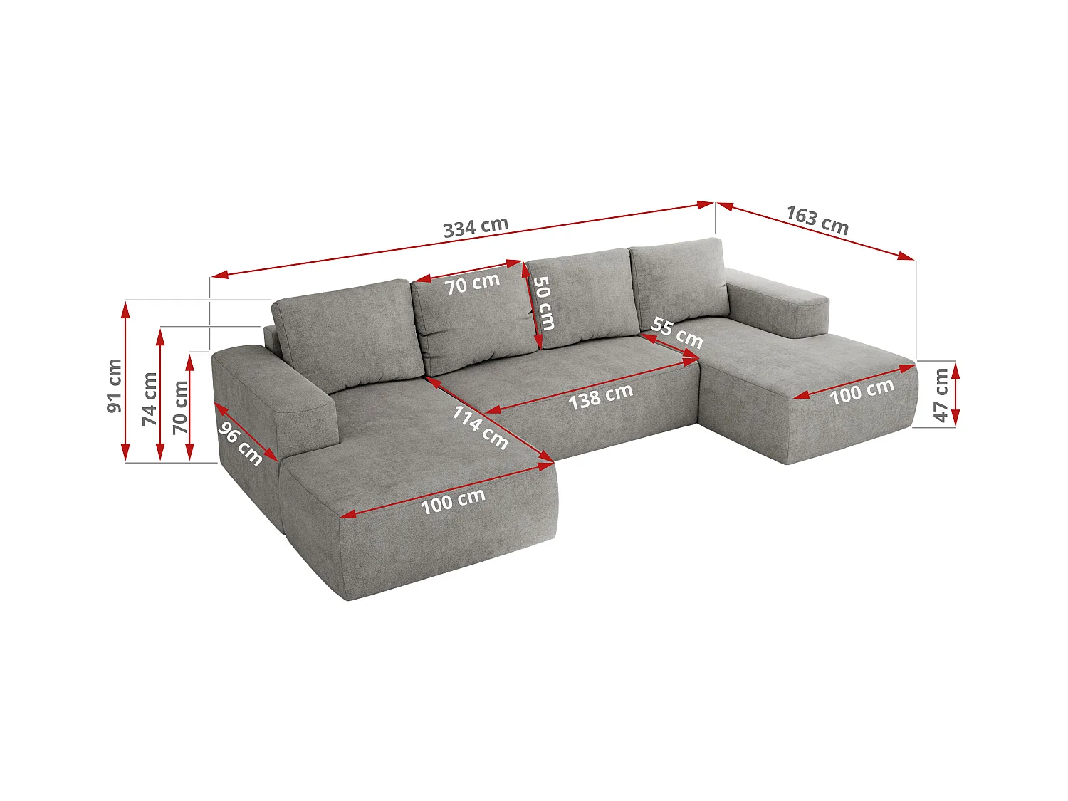 Ecksofa TRENTINO U - mit Schlaffunktion und Bettkasten, U-förmiges Wohnlandschaft, Armlehnen - Hellgrau Strukture