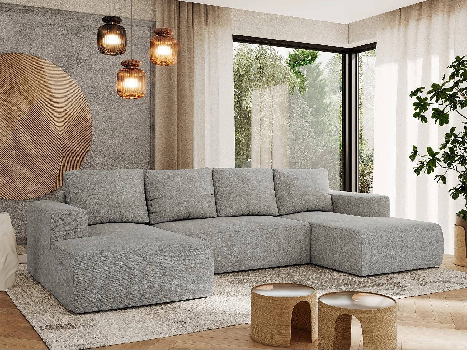 Ecksofa TRENTINO U - mit Schlaffunktion und Bettkasten, U-förmiges Wohnlandschaft, Armlehnen - Hellgrau Strukture