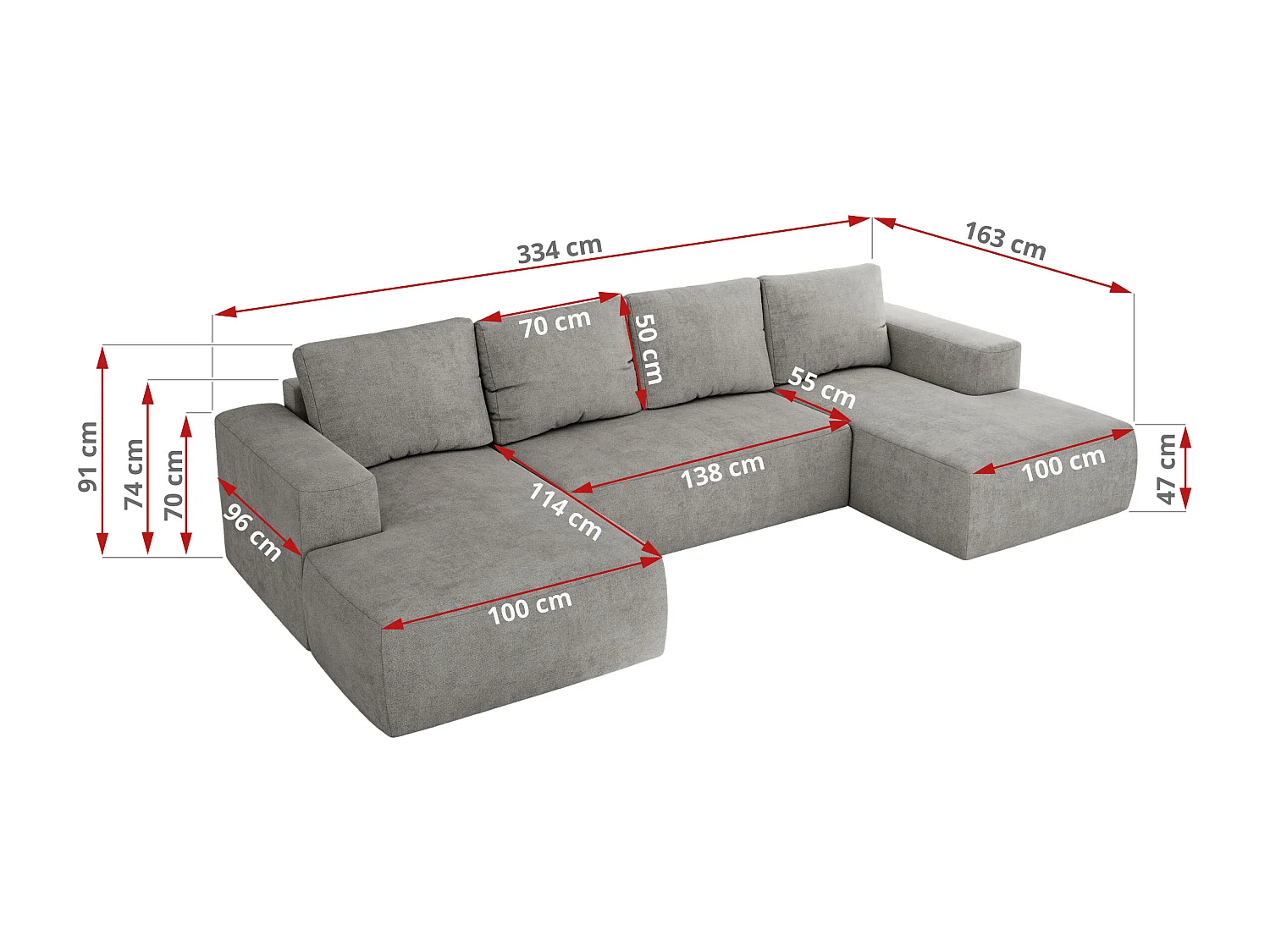 Ecksofa TRENTINO U - mit Schlaffunktion und Bettkasten, U-förmiges Wohnlandschaft, Armlehnen - Hellgrau Strukture