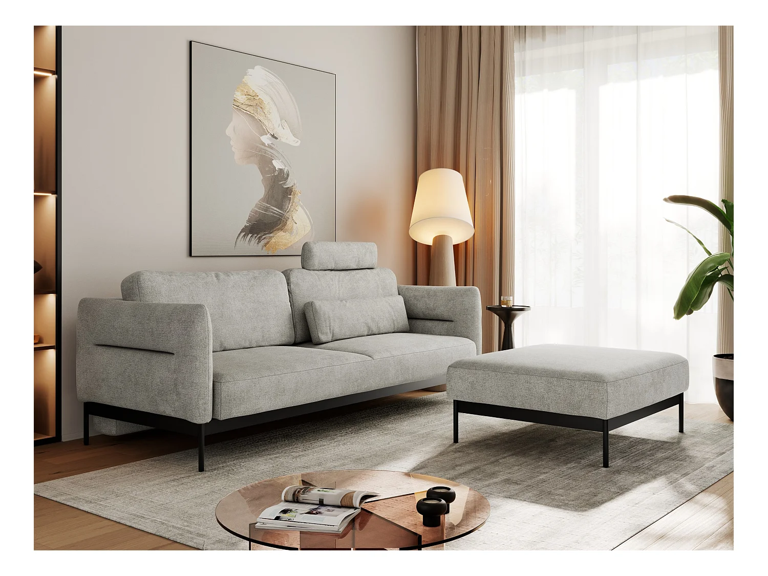 Ecksofa SALENTO - mit Metallbeine, Schlafsofa, mobilen Fußhocker, lose Kissen - Hellgrau Struktur