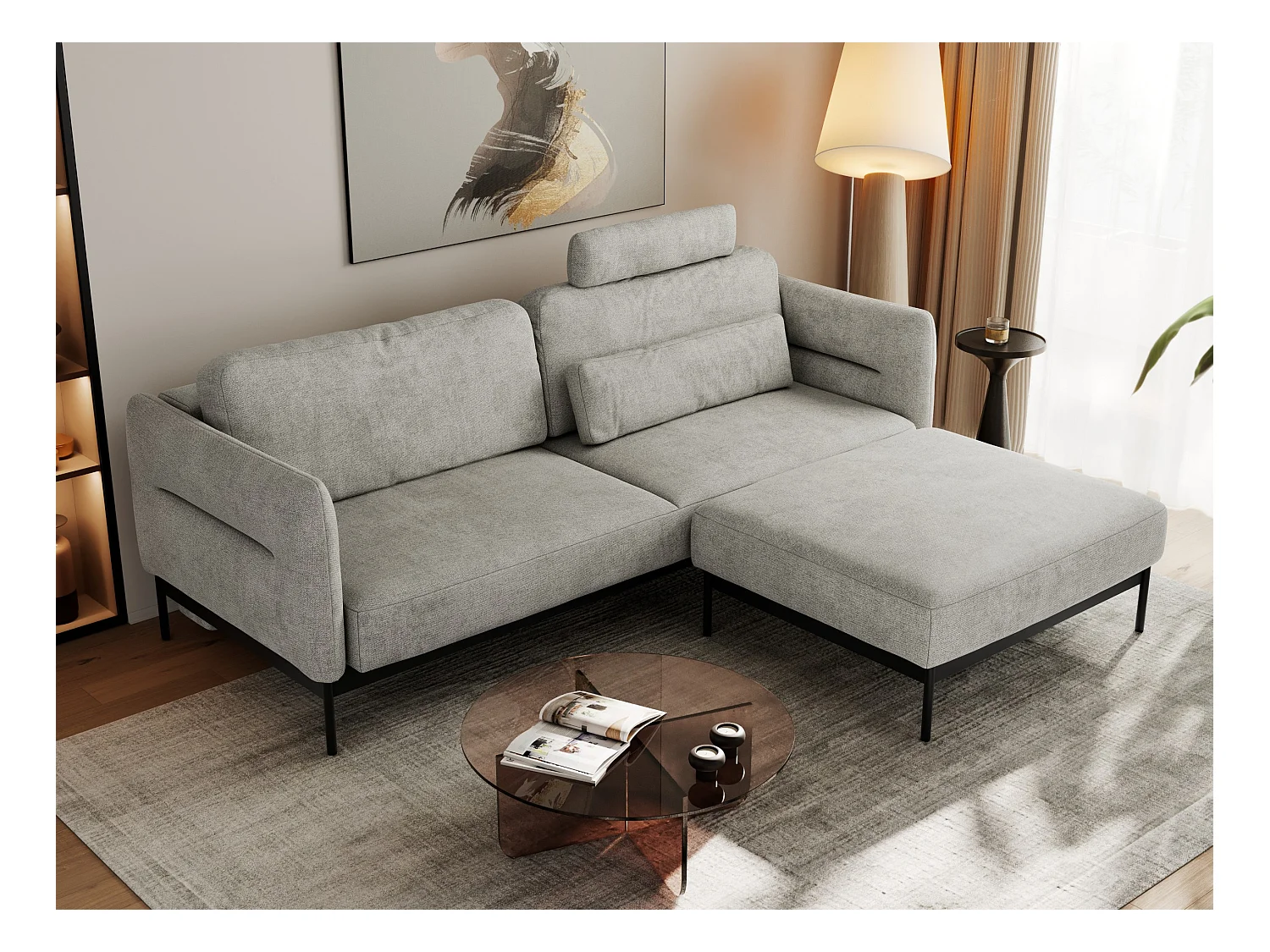 Ecksofa SALENTO - mit Metallbeine, Schlafsofa, mobilen Fußhocker, lose Kissen - Hellgrau Struktur