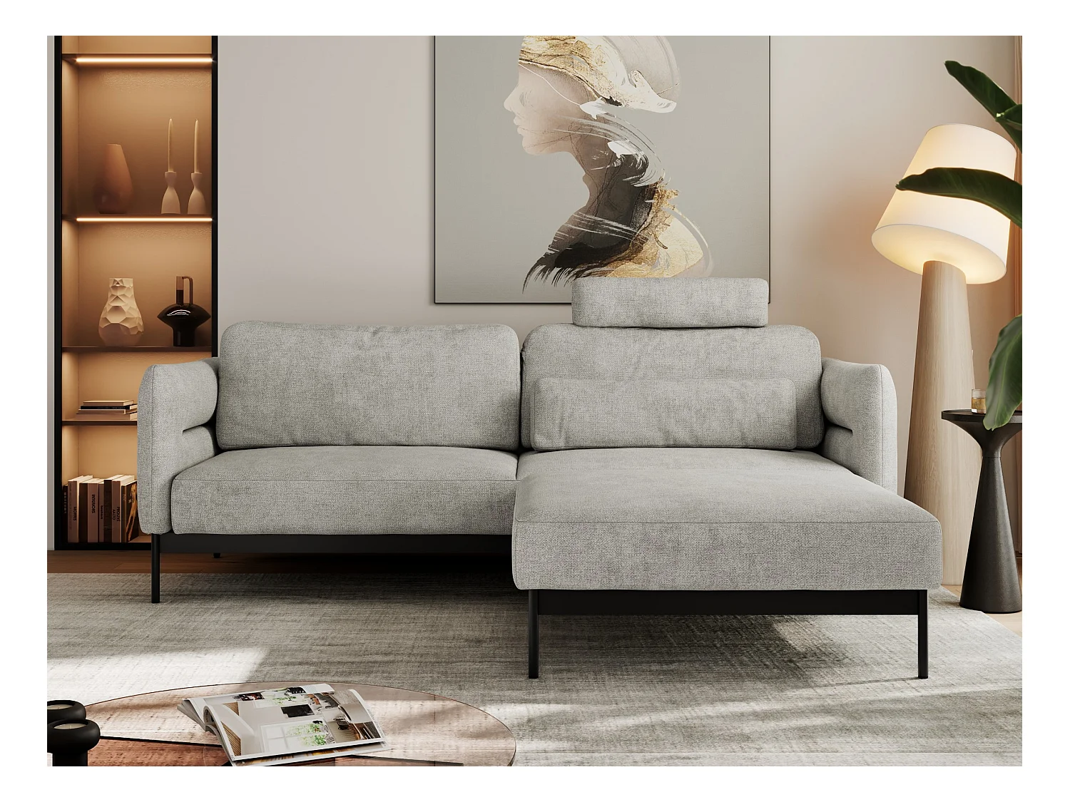 Ecksofa SALENTO - mit Metallbeine, Schlafsofa, mobilen Fußhocker, lose Kissen - Hellgrau Struktur