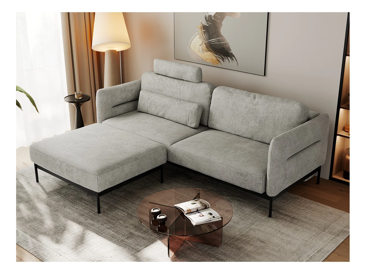 Ecksofa SALENTO - mit Metallbeine, Schlafsofa, mobilen Fußhocker, lose Kissen - Hellgrau Struktur