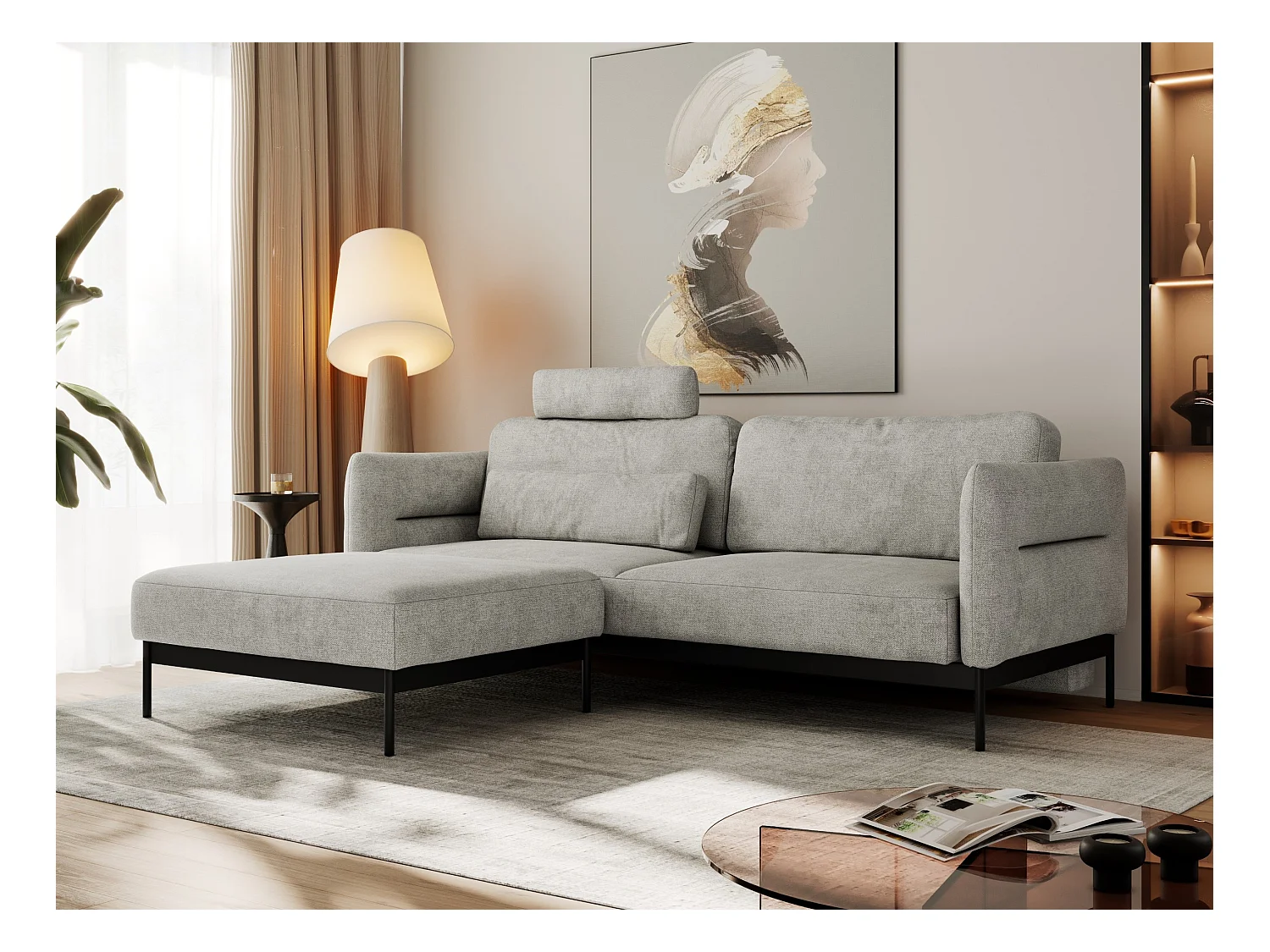 Ecksofa SALENTO - mit Metallbeine, Schlafsofa, mobilen Fußhocker, lose Kissen - Hellgrau Struktur