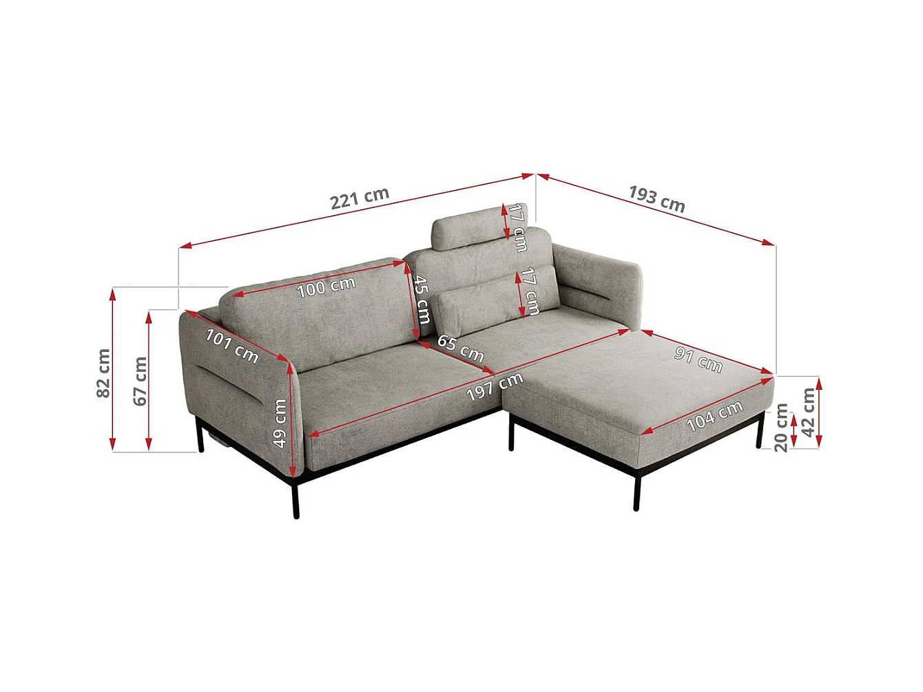 Ecksofa SALENTO - mit Metallbeine, Schlafsofa, mobilen Fußhocker, lose Kissen - Hellgrau Struktur