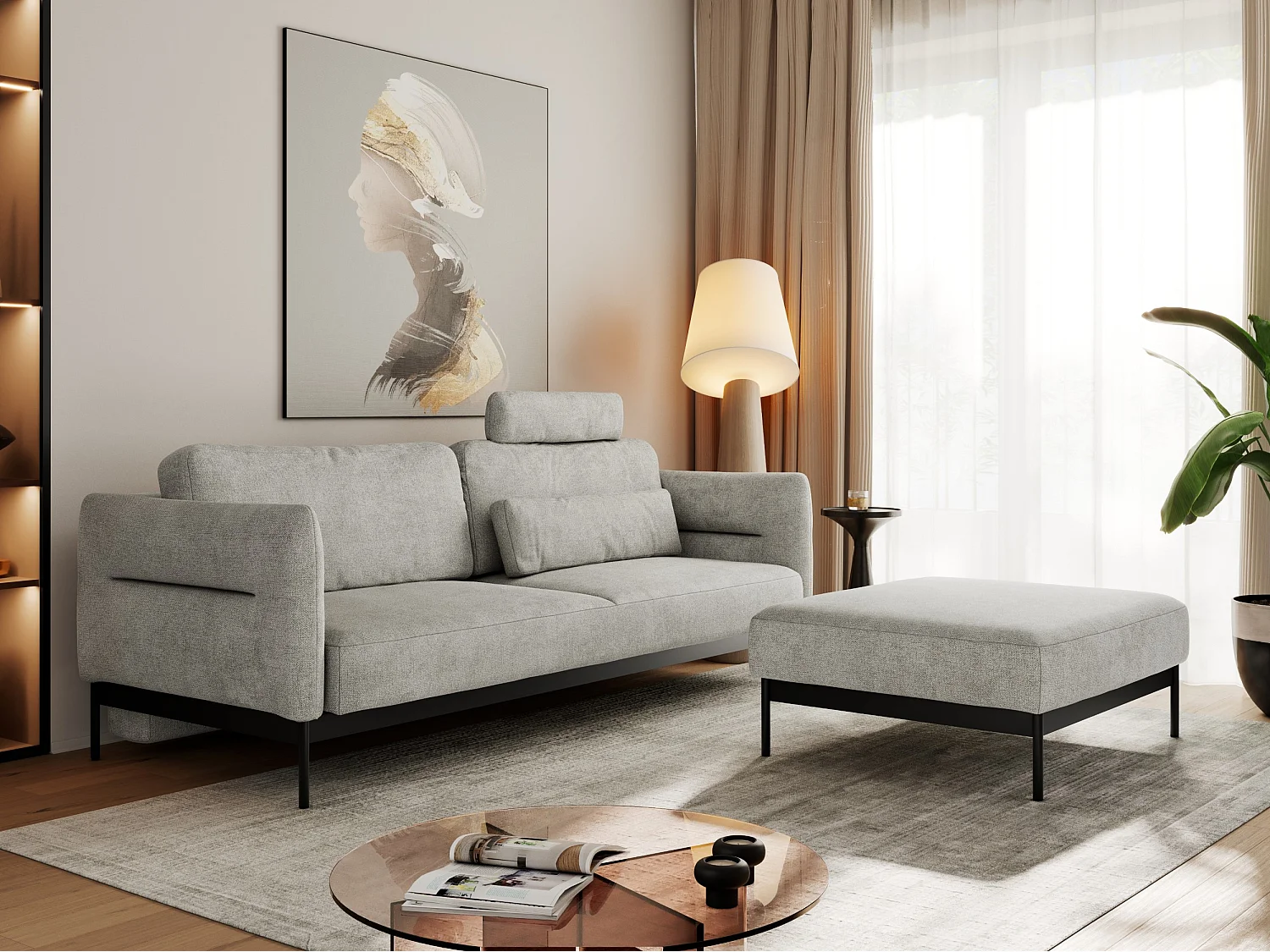 Ecksofa SALENTO - mit Metallbeine, Schlafsofa, mobilen Fußhocker, lose Kissen - Hellgrau Struktur