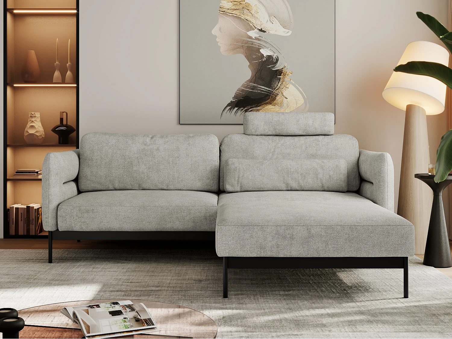 Ecksofa SALENTO - mit Metallbeine, Schlafsofa, mobilen Fußhocker, lose Kissen - Hellgrau Struktur