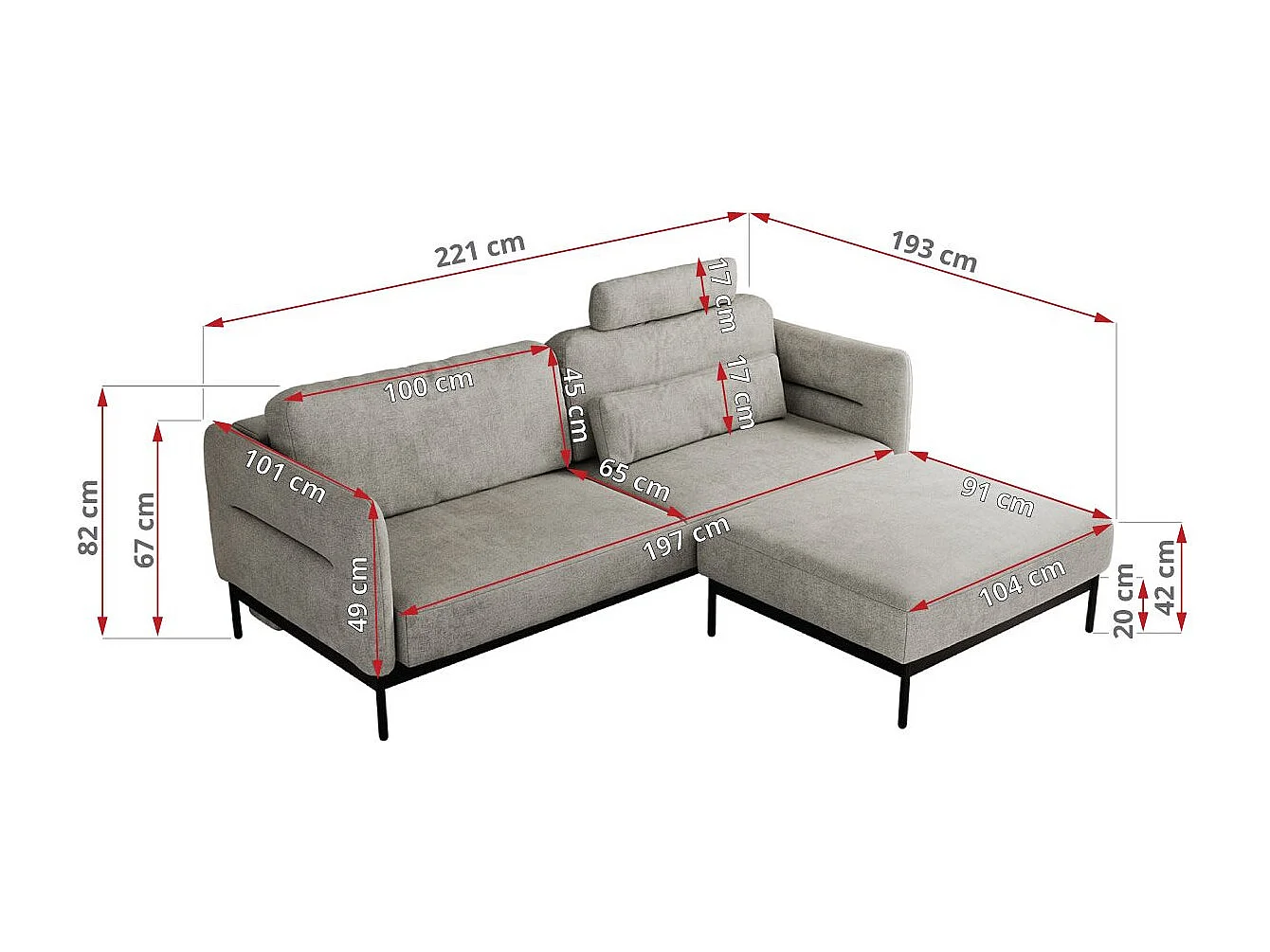 Ecksofa SALENTO - mit Metallbeine, Schlafsofa, mobilen Fußhocker, lose Kissen - Hellgrau Struktur