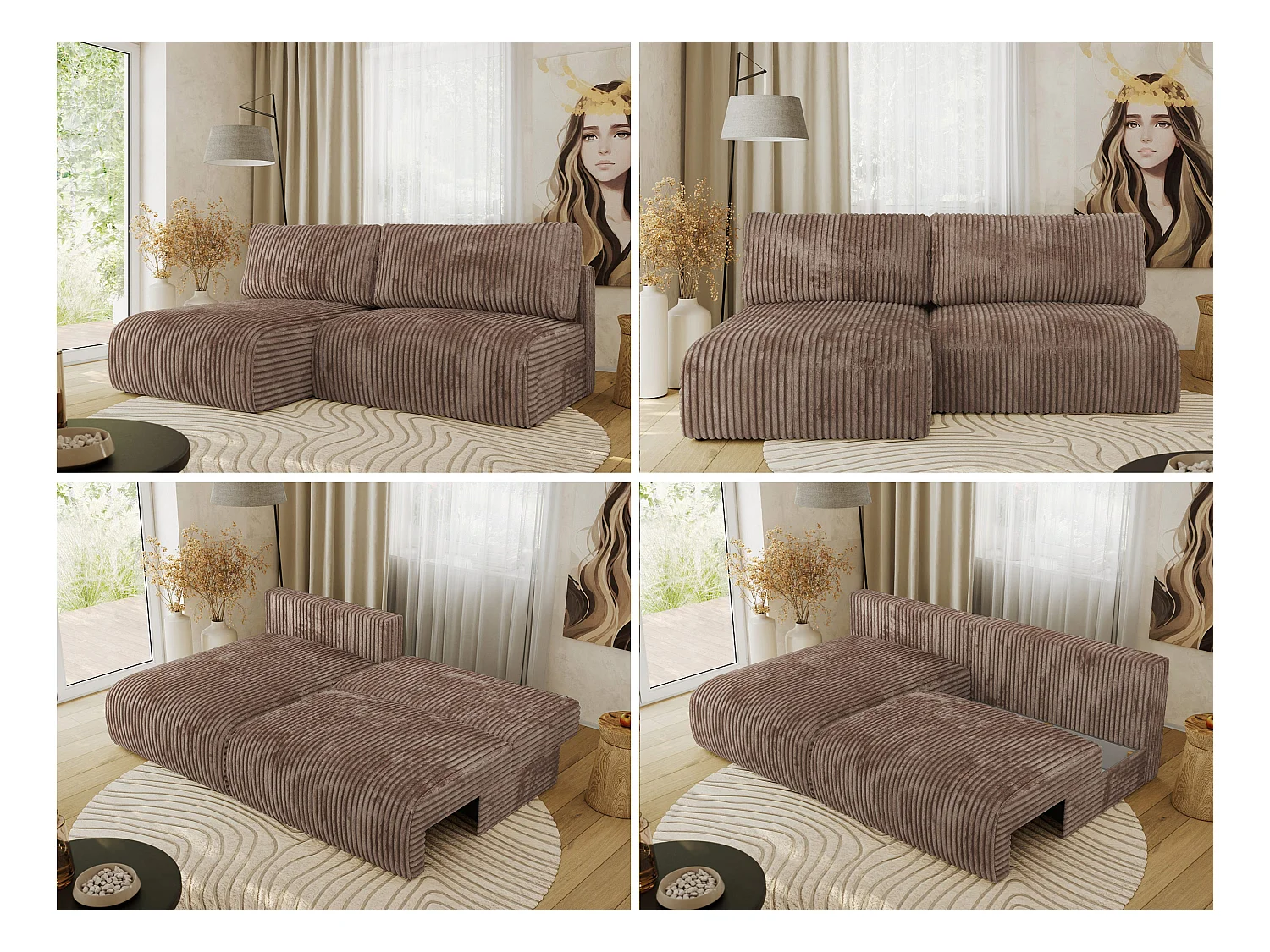Ecksofa VIVO - L-form Couch mit Schlaffunktion und Bettkasten, Wellenfeder - Braun Cord - Ecke Links