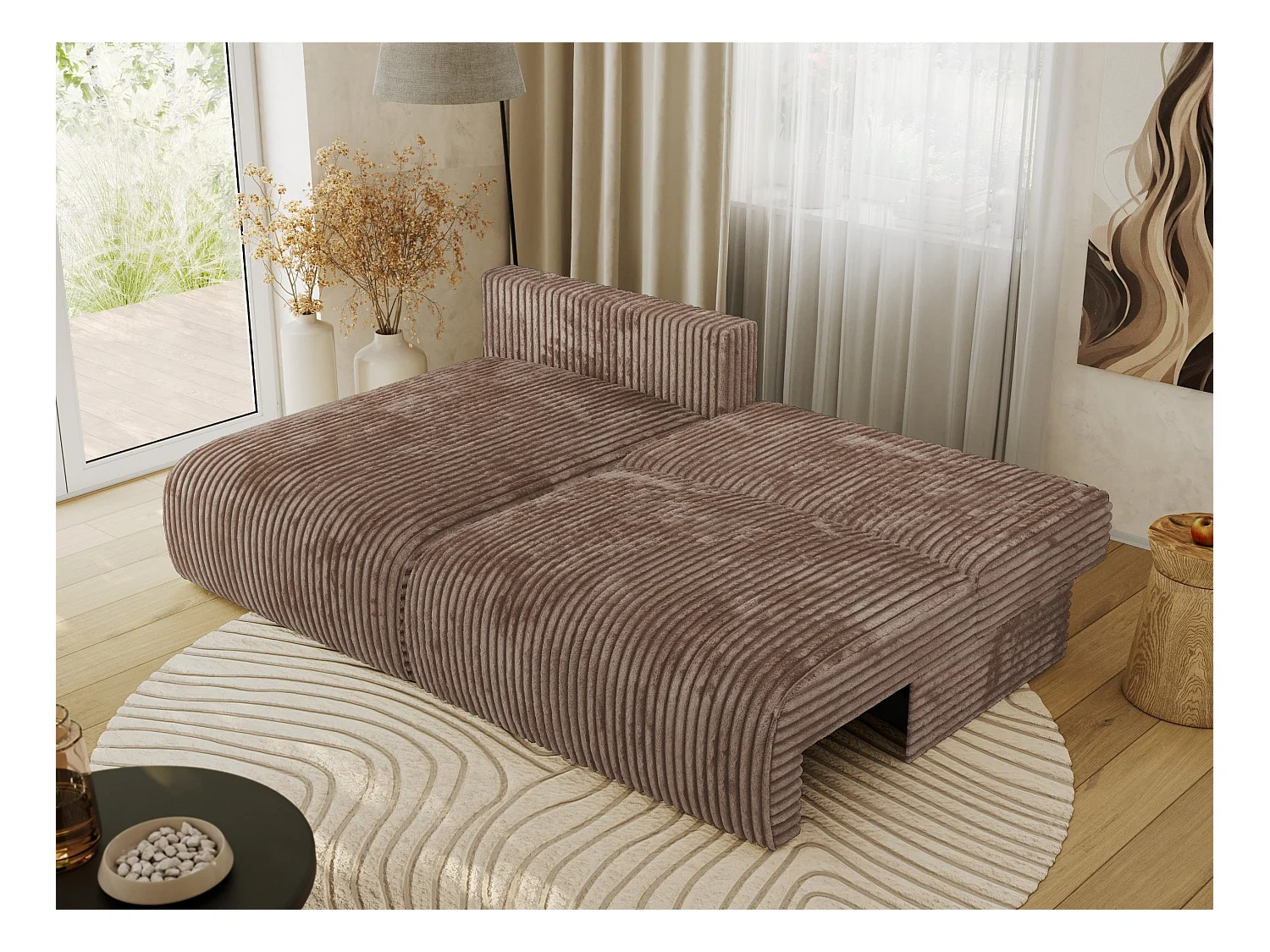Ecksofa VIVO - L-form Couch mit Schlaffunktion und Bettkasten, Wellenfeder - Braun Cord - Ecke Links