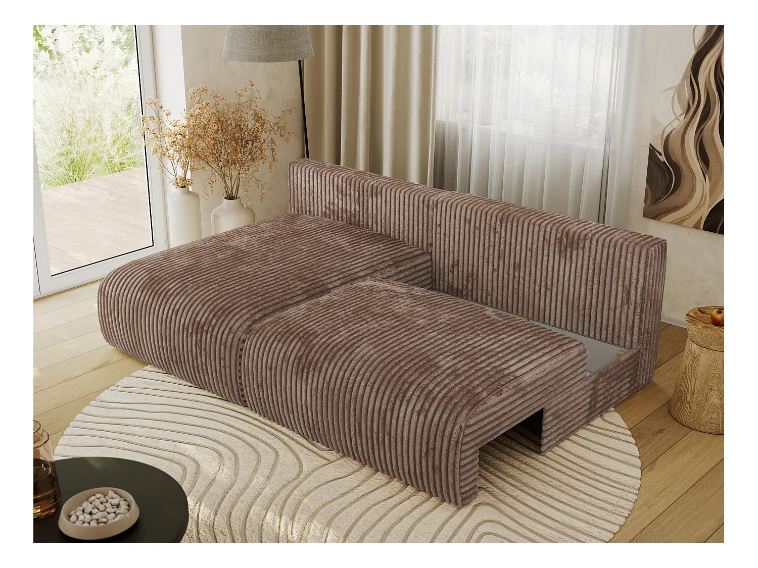 Ecksofa VIVO - L-form Couch mit Schlaffunktion und Bettkasten, Wellenfeder - Braun Cord - Ecke Links