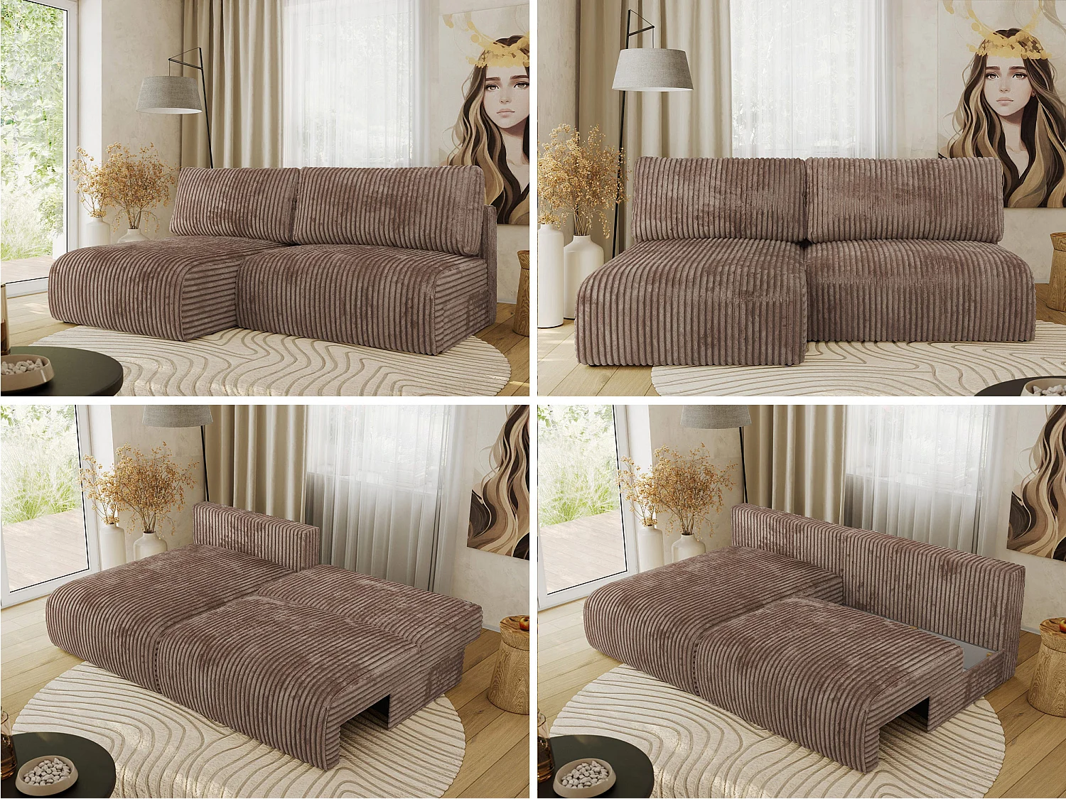 Ecksofa VIVO - L-form Couch mit Schlaffunktion und Bettkasten, Wellenfeder - Braun Cord - Ecke Links