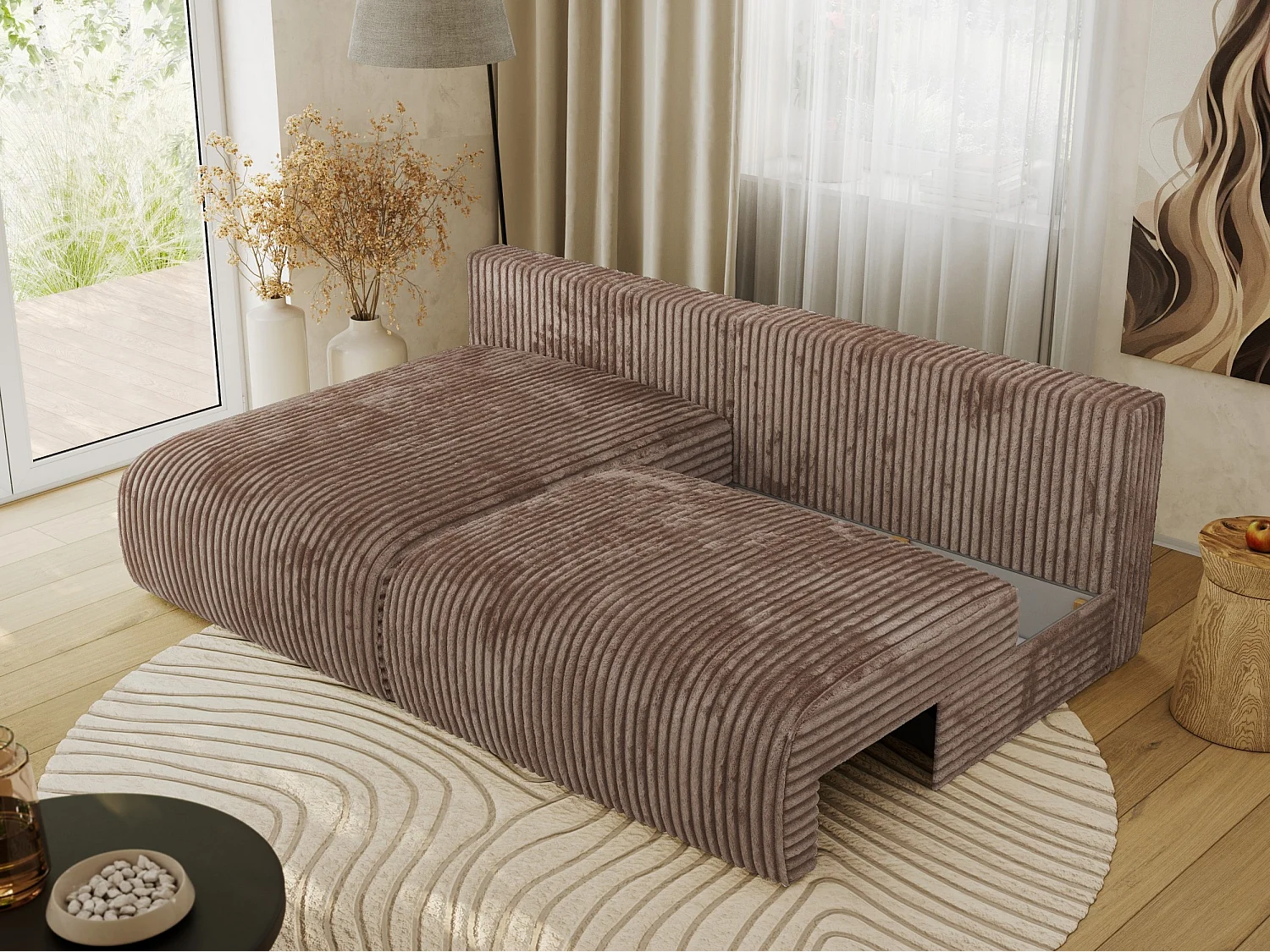Ecksofa VIVO - L-form Couch mit Schlaffunktion und Bettkasten, Wellenfeder - Braun Cord - Ecke Links