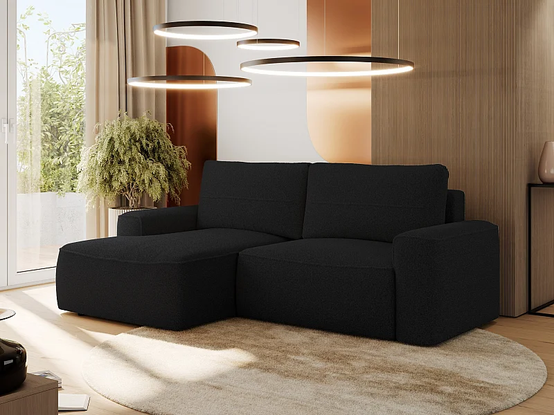 Ecksofa BELLUNO - Schlafsofa mit Bettkasten, Armlehnen, Couch L-form mit Schlaffunktion - Schwarz Boucle - Ecke Links