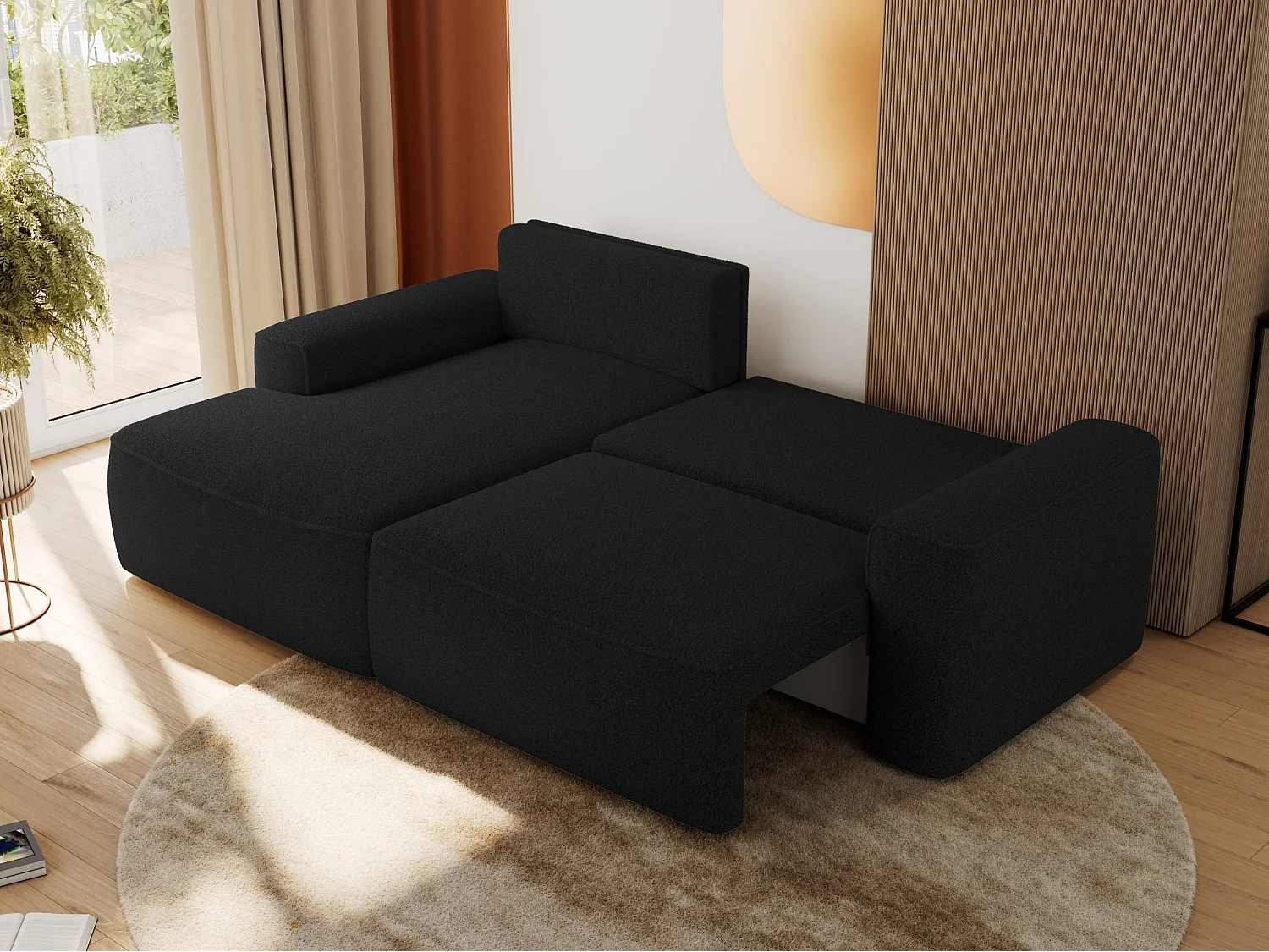Ecksofa BELLUNO - Schlafsofa mit Bettkasten, Armlehnen, Couch L-form mit Schlaffunktion - Schwarz Boucle - Ecke Links