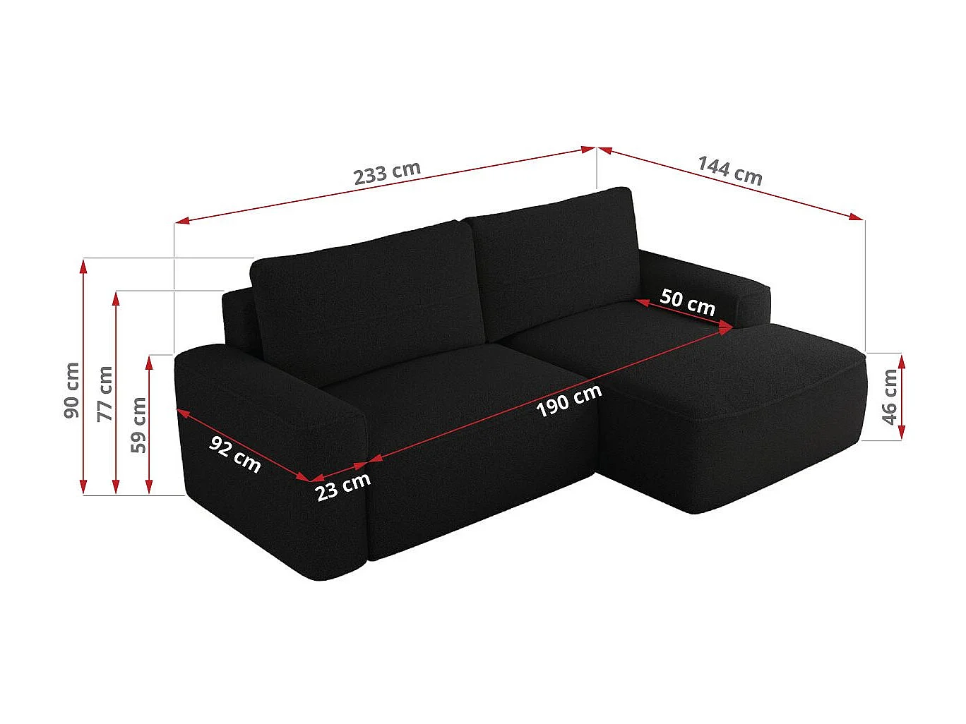 Ecksofa BELLUNO - Schlafsofa mit Bettkasten, Armlehnen, Couch L-form mit Schlaffunktion - Schwarz Boucle - Ecke Links