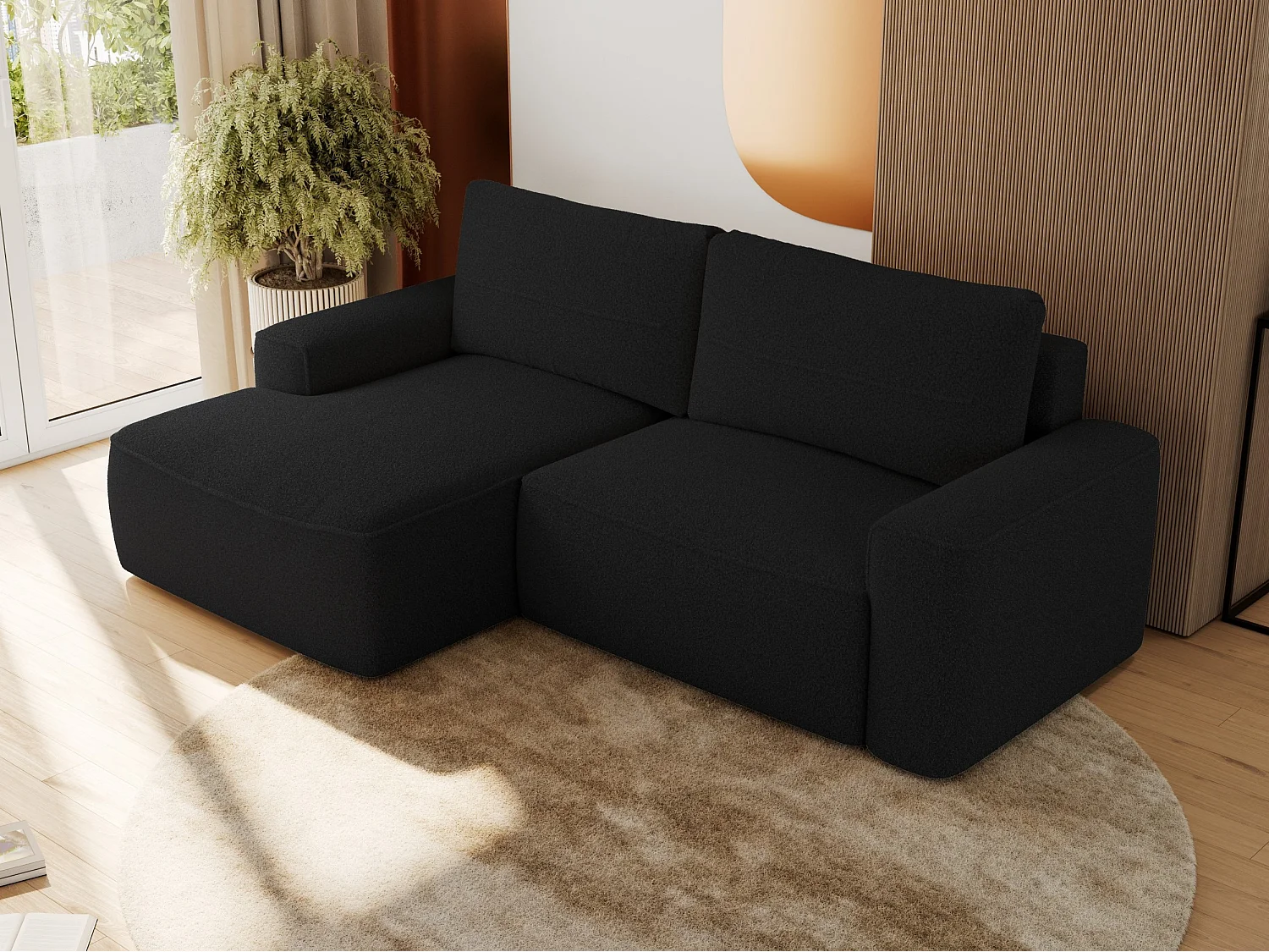 Ecksofa BELLUNO - Schlafsofa mit Bettkasten, Armlehnen, Couch L-form mit Schlaffunktion - Schwarz Boucle - Ecke Links