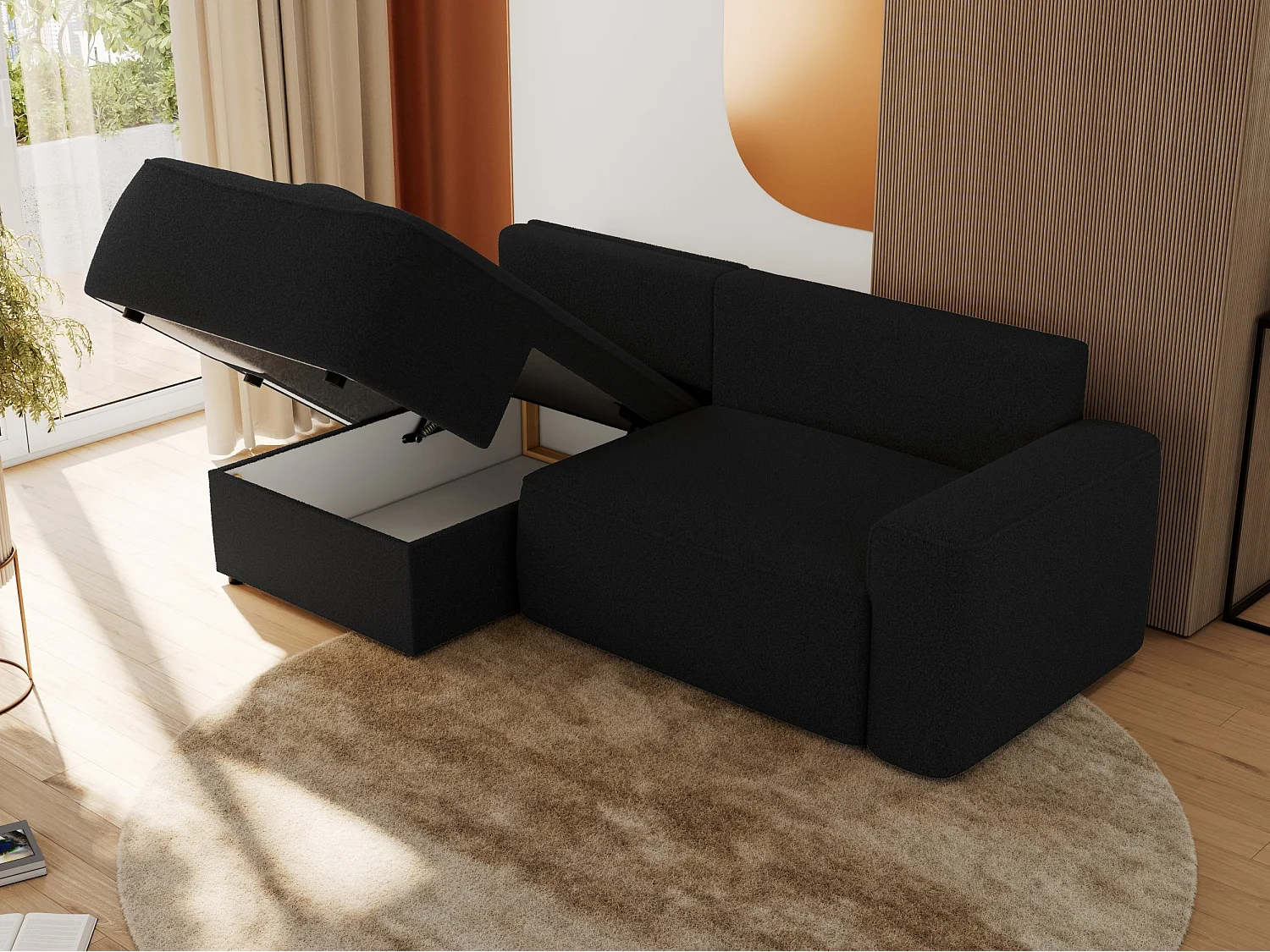 Ecksofa BELLUNO - Schlafsofa mit Bettkasten, Armlehnen, Couch L-form mit Schlaffunktion - Schwarz Boucle - Ecke Links