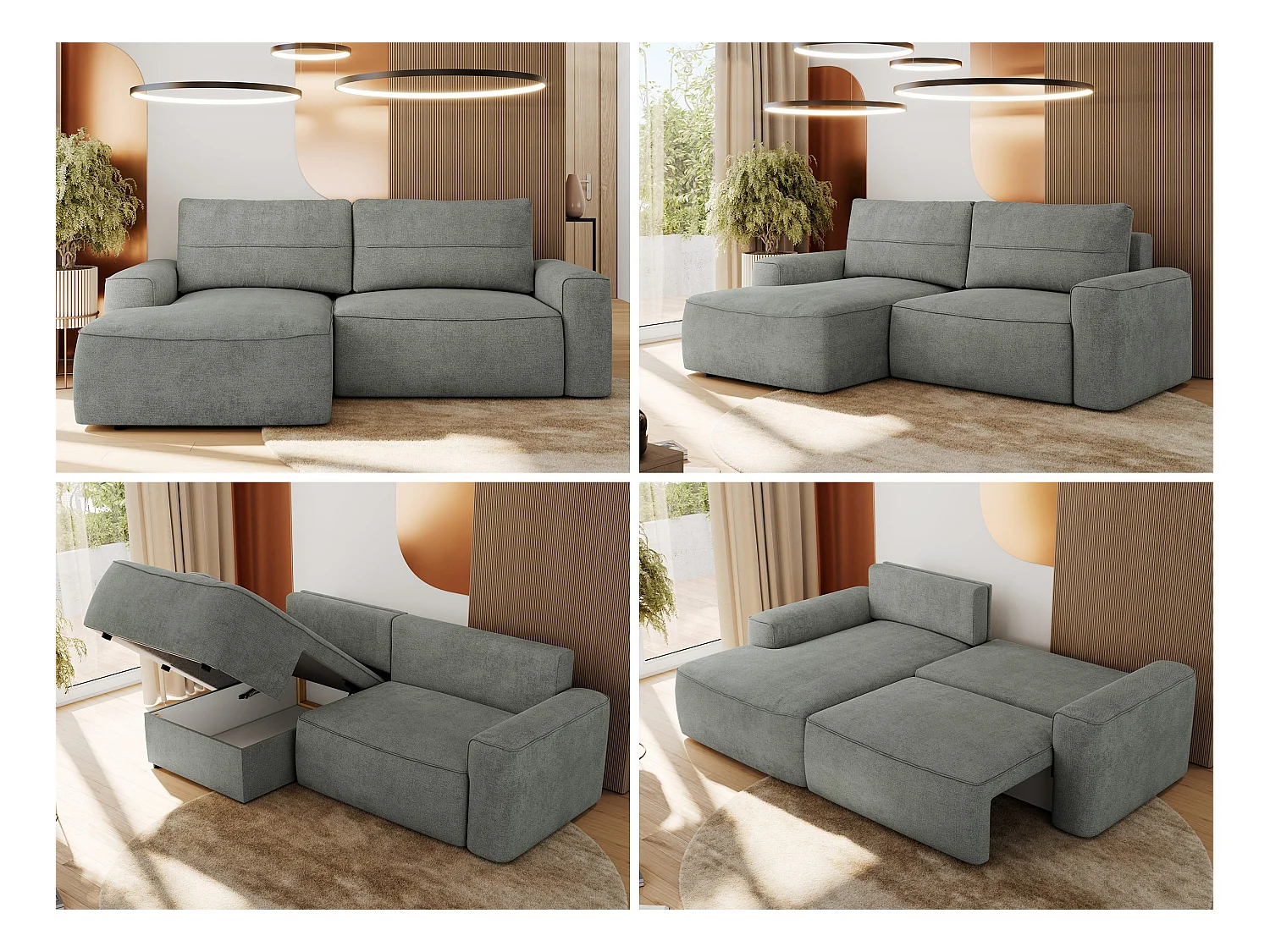 Ecksofa BELLUNO - Schlafsofa mit Bettkasten, Armlehnen, Couch L-form mit Schlaffunktion - Grau Strukture - Ecke Links