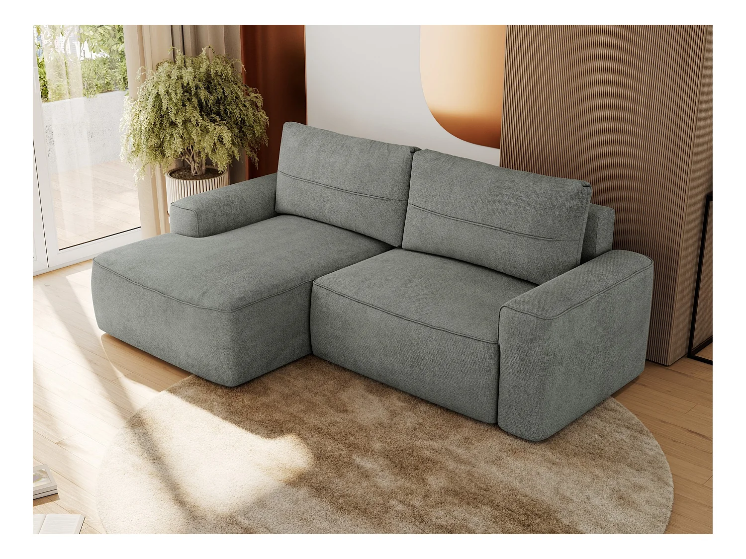 Ecksofa BELLUNO - Schlafsofa mit Bettkasten, Armlehnen, Couch L-form mit Schlaffunktion - Grau Strukture - Ecke Links