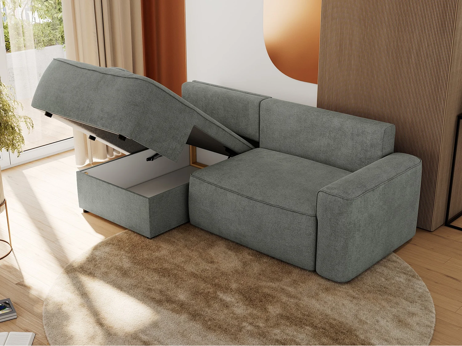 Ecksofa BELLUNO - Schlafsofa mit Bettkasten, Armlehnen, Couch L-form mit Schlaffunktion - Grau Strukture - Ecke Links