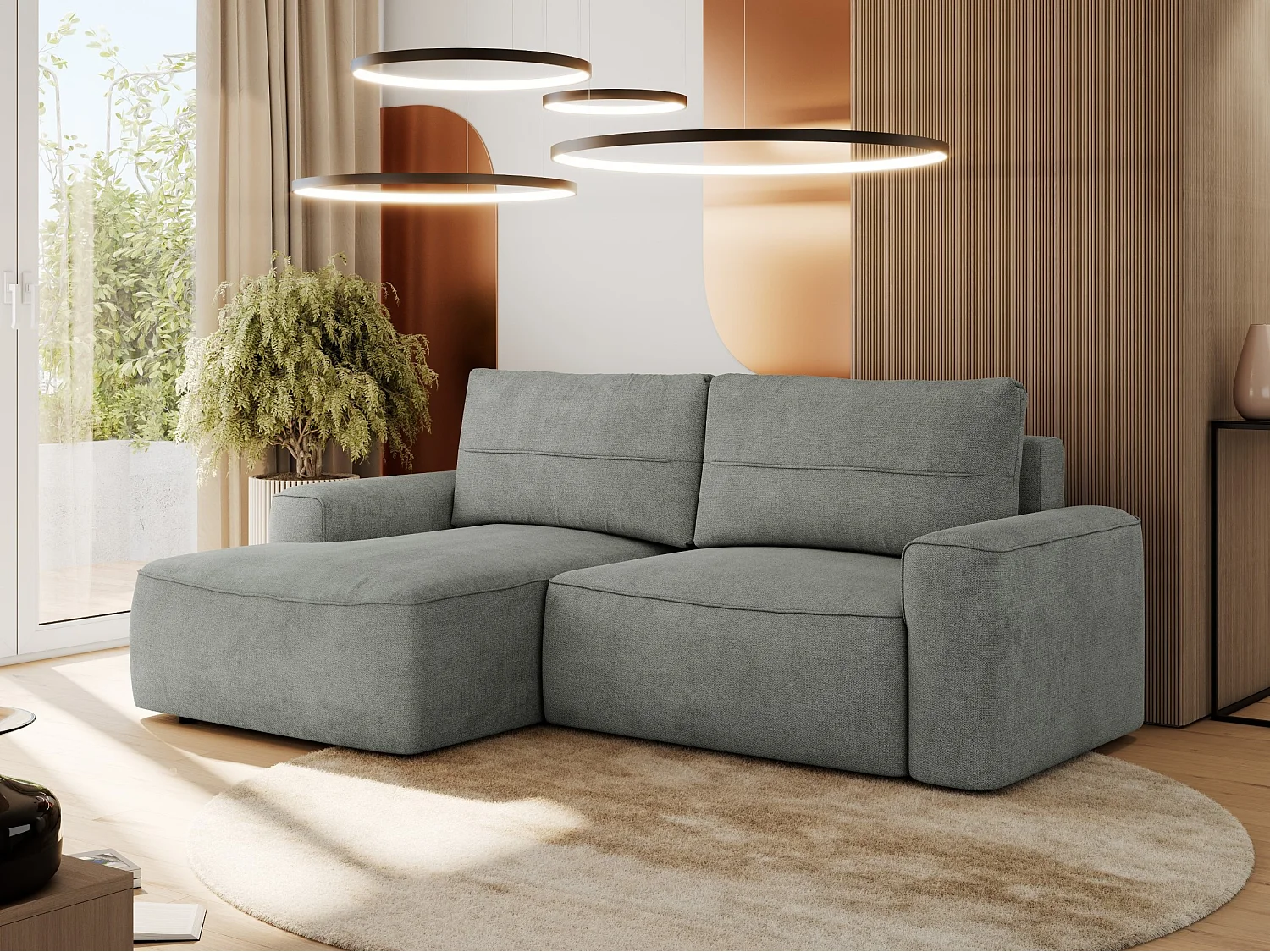 Ecksofa BELLUNO - Schlafsofa mit Bettkasten, Armlehnen, Couch L-form mit Schlaffunktion - Grau Strukture - Ecke Links