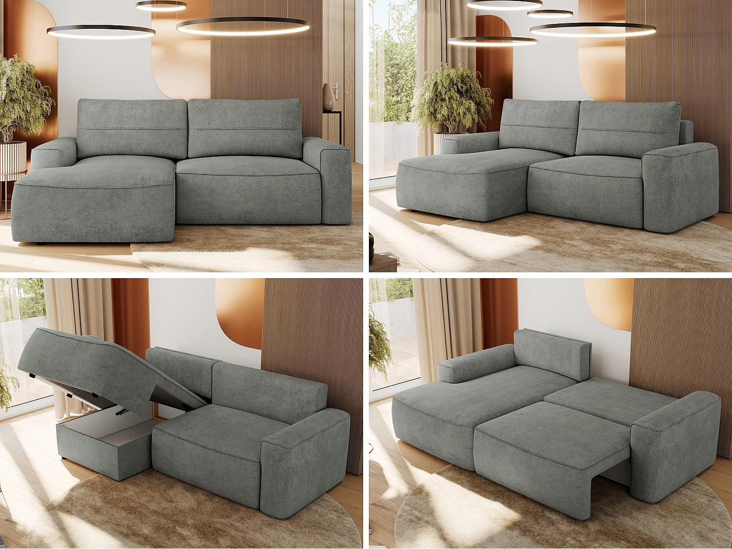 Ecksofa BELLUNO - Schlafsofa mit Bettkasten, Armlehnen, Couch L-form mit Schlaffunktion - Grau Strukture - Ecke Links