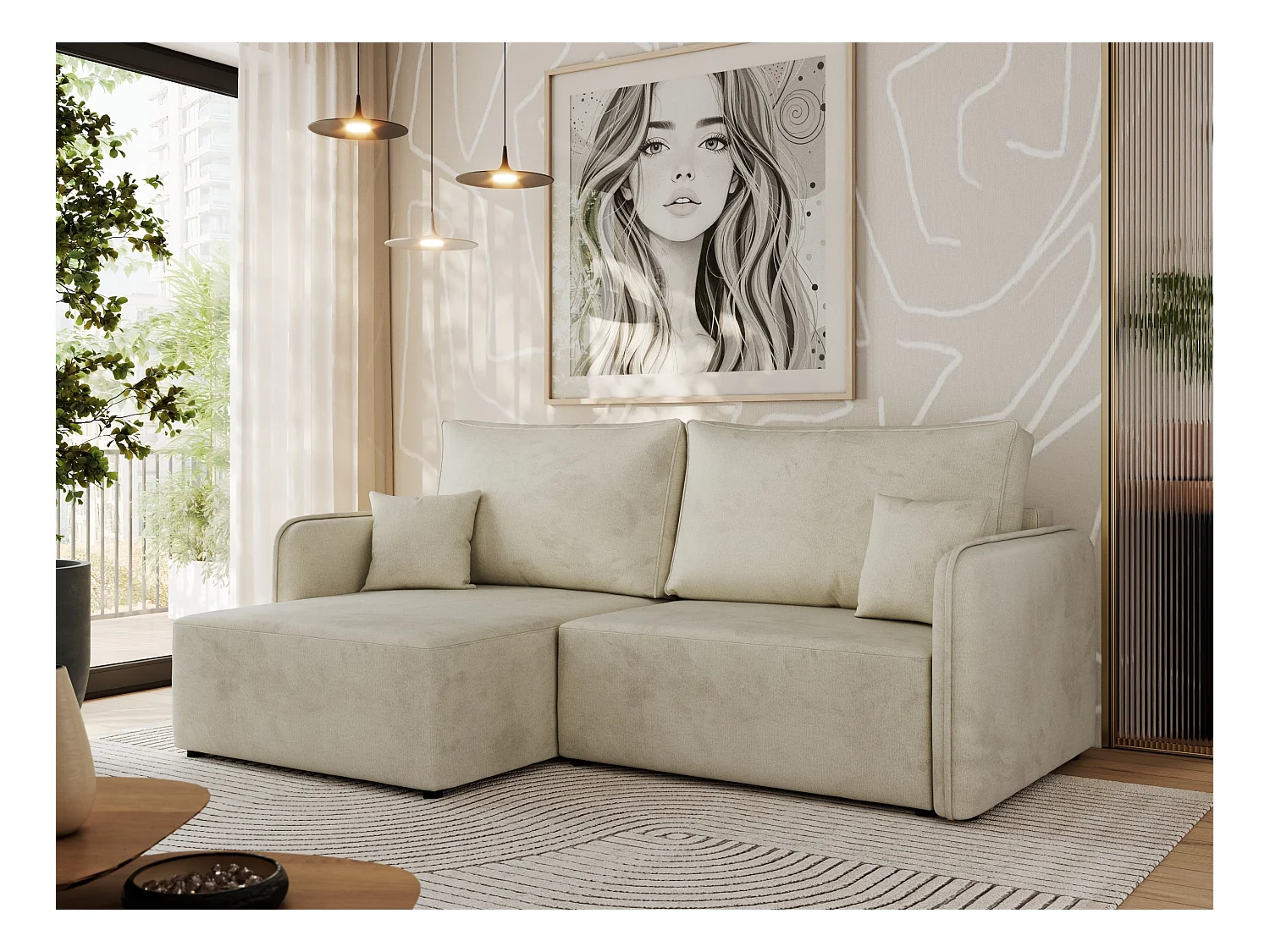 Ecksofa MESTO - Schlaffunktion und Bettkasten, L-form Couch für das Wohnzimmer, Armlehnen - Beige Velvet - Ecke Links