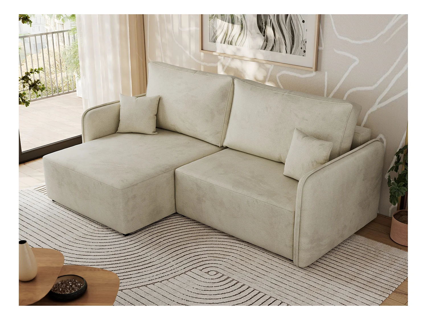 Ecksofa MESTO - Schlaffunktion und Bettkasten, L-form Couch für das Wohnzimmer, Armlehnen - Beige Velvet - Ecke Links