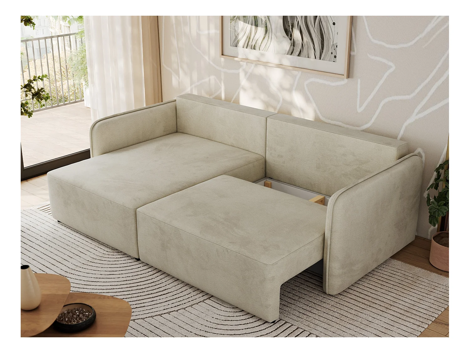 Ecksofa MESTO - Schlaffunktion und Bettkasten, L-form Couch für das Wohnzimmer, Armlehnen - Beige Velvet - Ecke Links