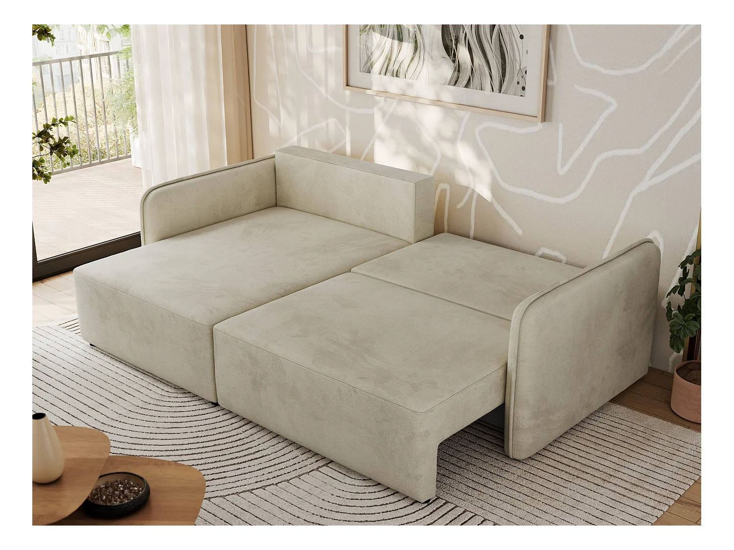 Ecksofa MESTO - Schlaffunktion und Bettkasten, L-form Couch für das Wohnzimmer, Armlehnen - Beige Velvet - Ecke Links