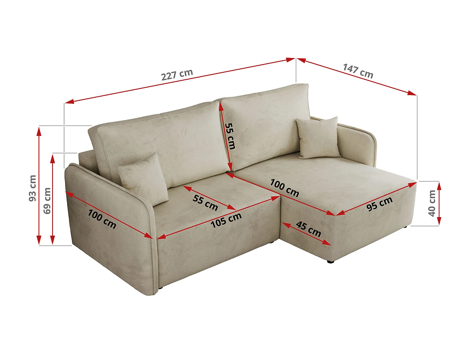 Ecksofa MESTO - Schlaffunktion und Bettkasten, L-form Couch für das Wohnzimmer, Armlehnen - Beige Velvet - Ecke Links