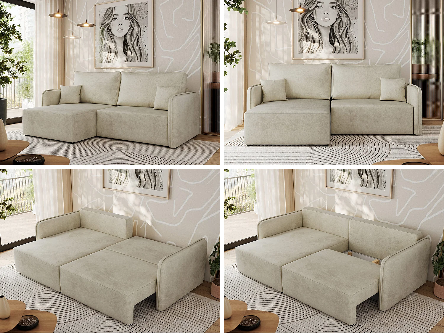 Ecksofa MESTO - Schlaffunktion und Bettkasten, L-form Couch für das Wohnzimmer, Armlehnen - Beige Velvet - Ecke Links