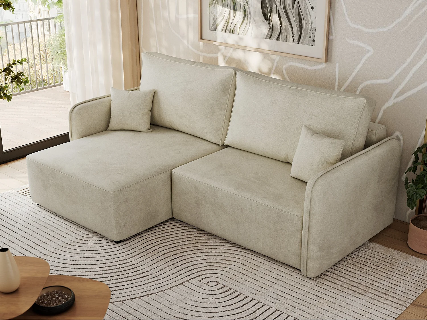 Ecksofa MESTO - Schlaffunktion und Bettkasten, L-form Couch für das Wohnzimmer, Armlehnen - Beige Velvet - Ecke Links
