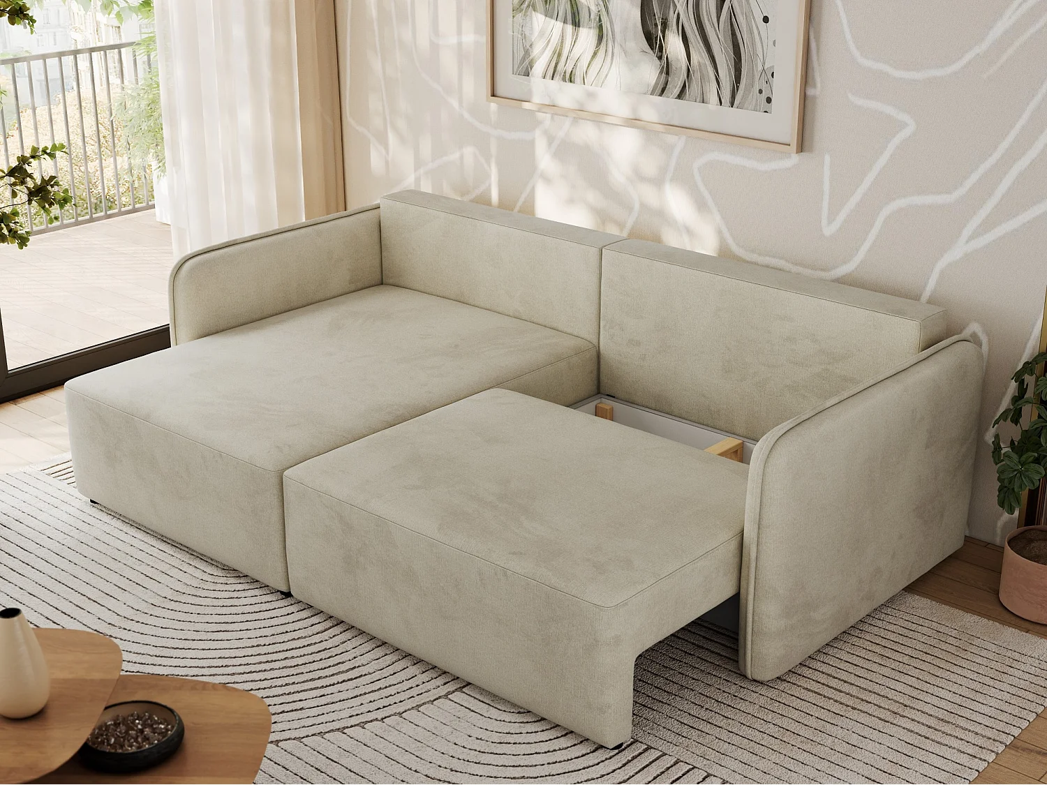 Ecksofa MESTO - Schlaffunktion und Bettkasten, L-form Couch für das Wohnzimmer, Armlehnen - Beige Velvet - Ecke Links