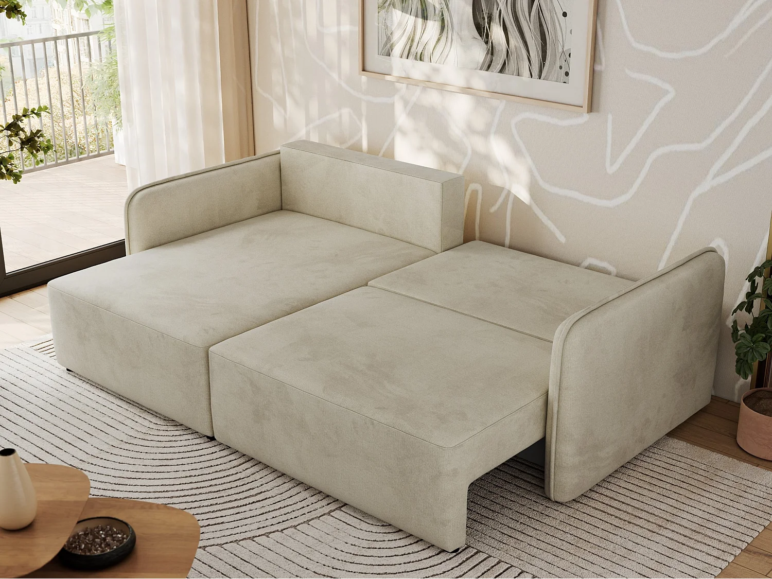 Ecksofa MESTO - Schlaffunktion und Bettkasten, L-form Couch für das Wohnzimmer, Armlehnen - Beige Velvet - Ecke Links