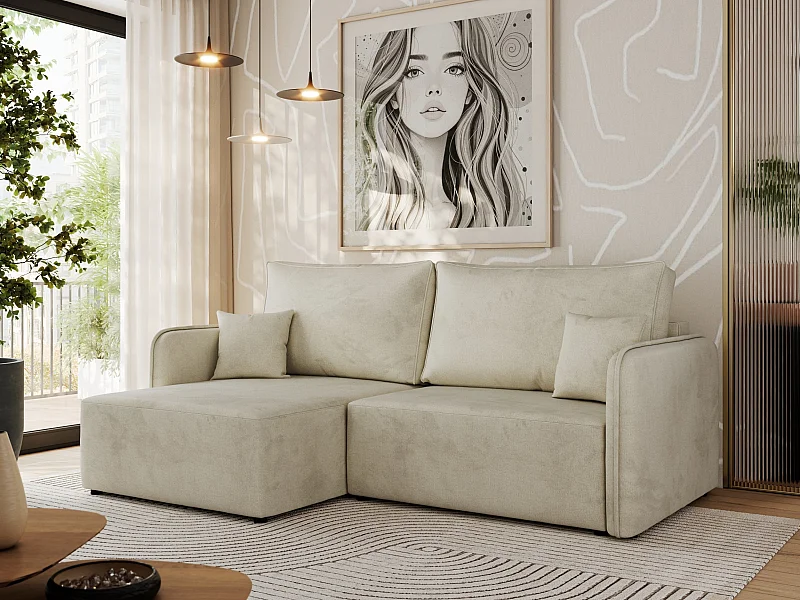 Ecksofa MESTO - Schlaffunktion und Bettkasten, L-form Couch für das Wohnzimmer, Armlehnen - Beige Velvet - Ecke Links