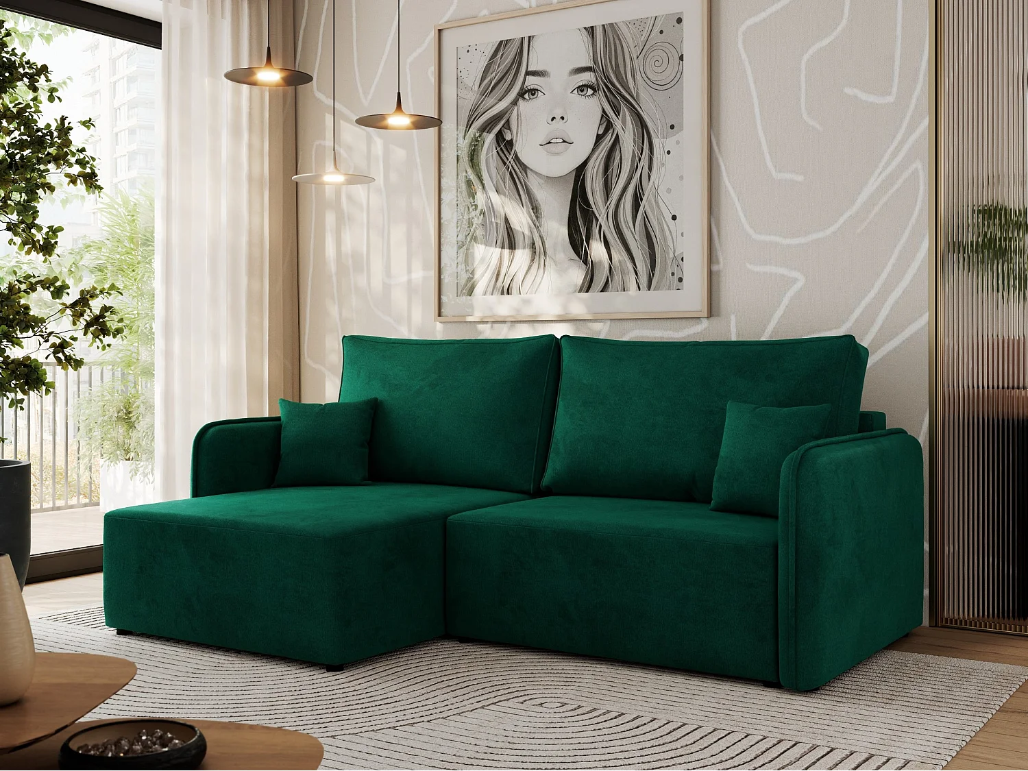 Ecksofa MESTO - Schlaffunktion und Bettkasten, L-form Couch für das Wohnzimmer, Armlehnen - Dunkelgrün Velvet - Ecke Links