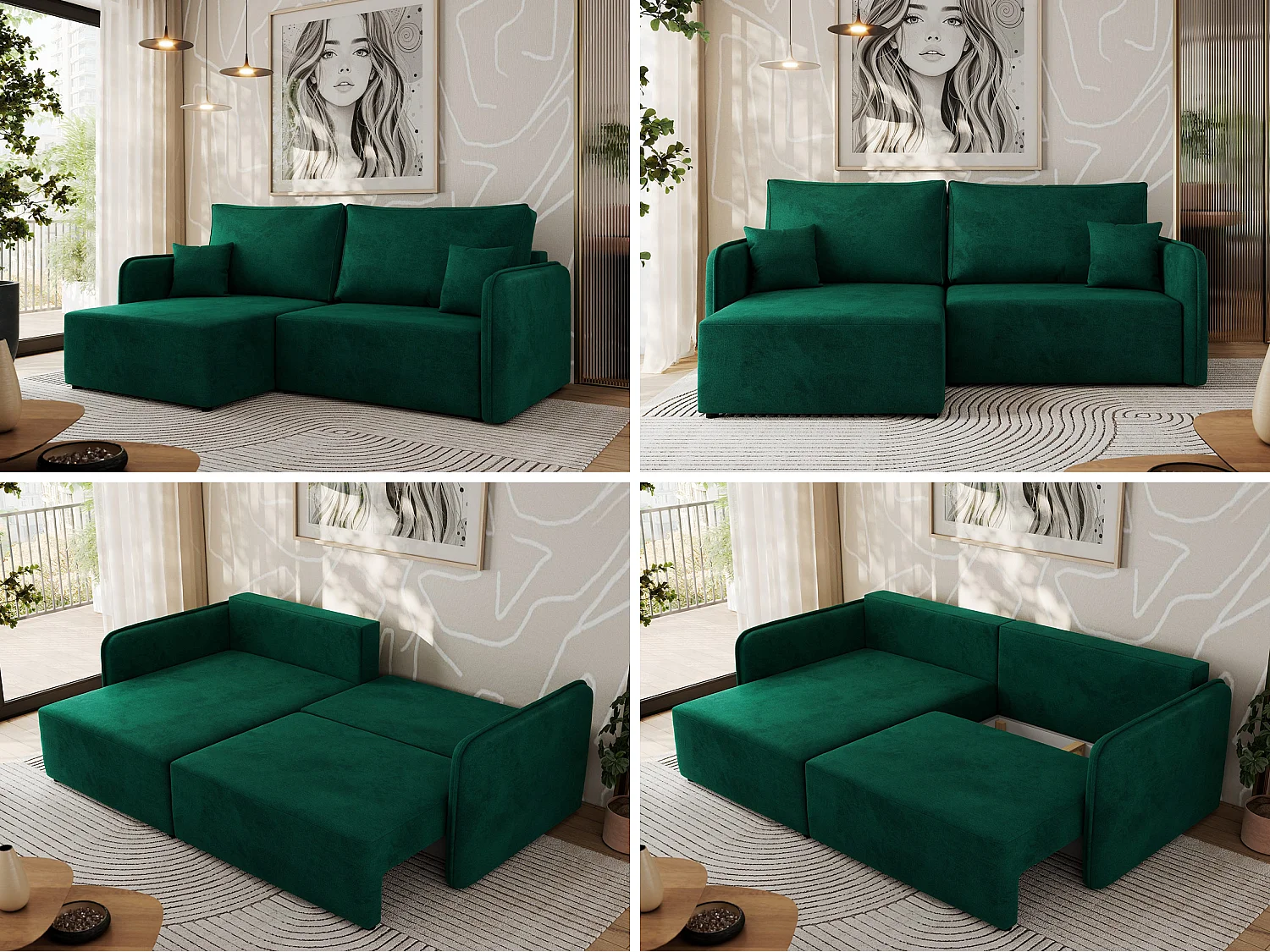 Ecksofa MESTO - Schlaffunktion und Bettkasten, L-form Couch für das Wohnzimmer, Armlehnen - Dunkelgrün Velvet - Ecke Links