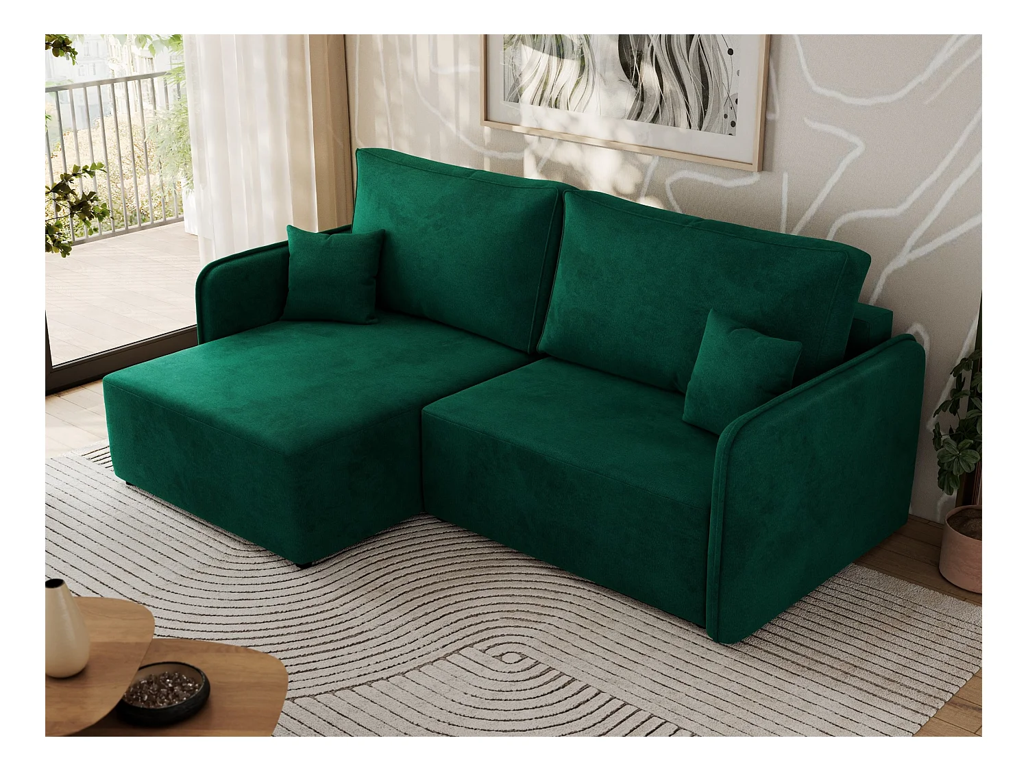 Ecksofa MESTO - Schlaffunktion und Bettkasten, L-form Couch für das Wohnzimmer, Armlehnen - Dunkelgrün Velvet - Ecke Links