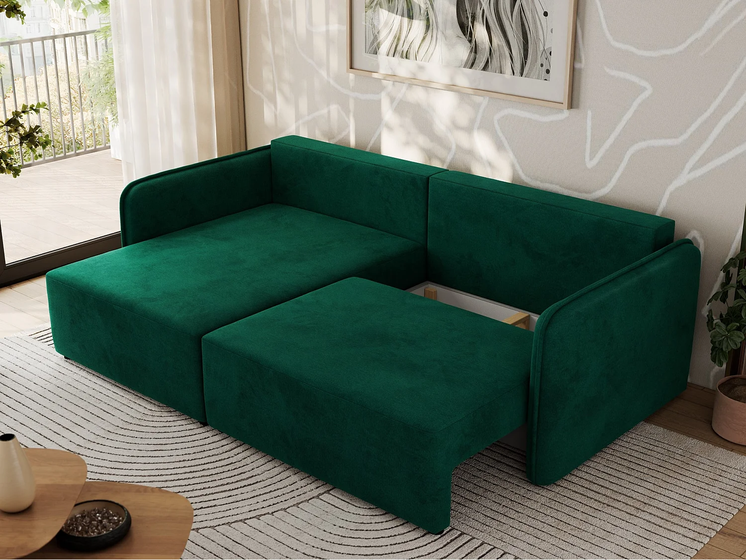 Ecksofa MESTO - Schlaffunktion und Bettkasten, L-form Couch für das Wohnzimmer, Armlehnen - Dunkelgrün Velvet - Ecke Links