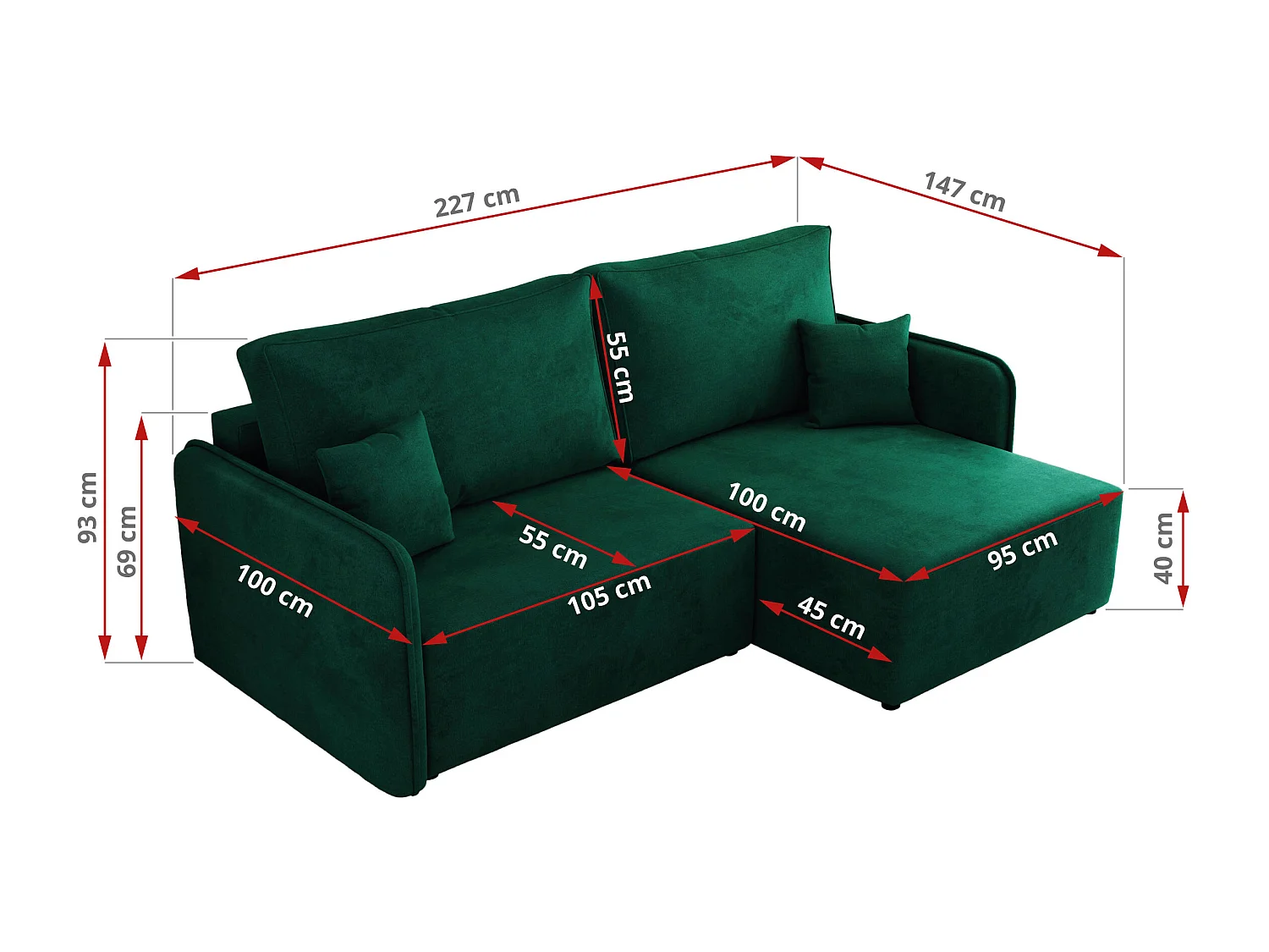 Ecksofa MESTO - Schlaffunktion und Bettkasten, L-form Couch für das Wohnzimmer, Armlehnen - Dunkelgrün Velvet - Ecke Links