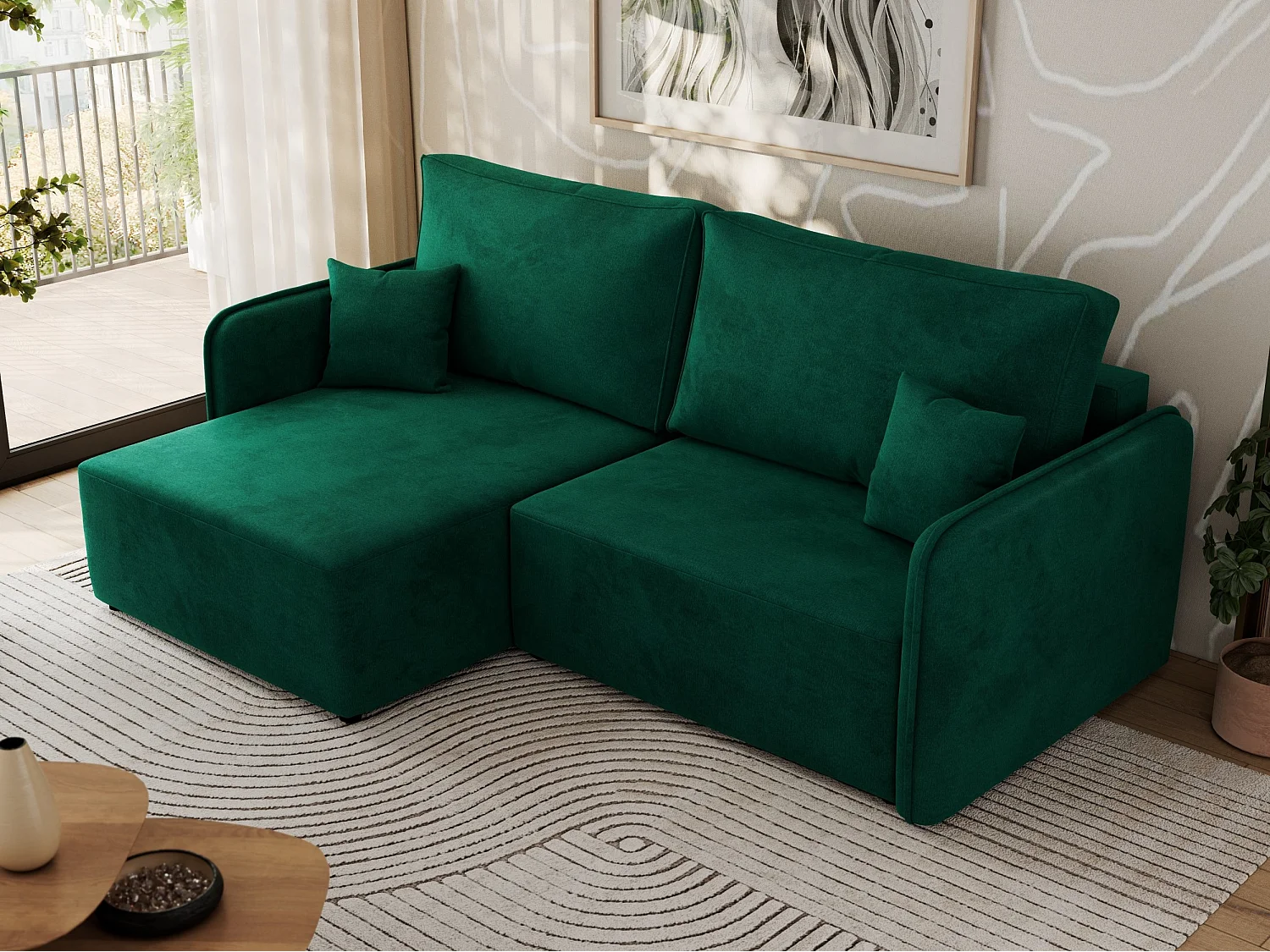 Ecksofa MESTO - Schlaffunktion und Bettkasten, L-form Couch für das Wohnzimmer, Armlehnen - Dunkelgrün Velvet - Ecke Links