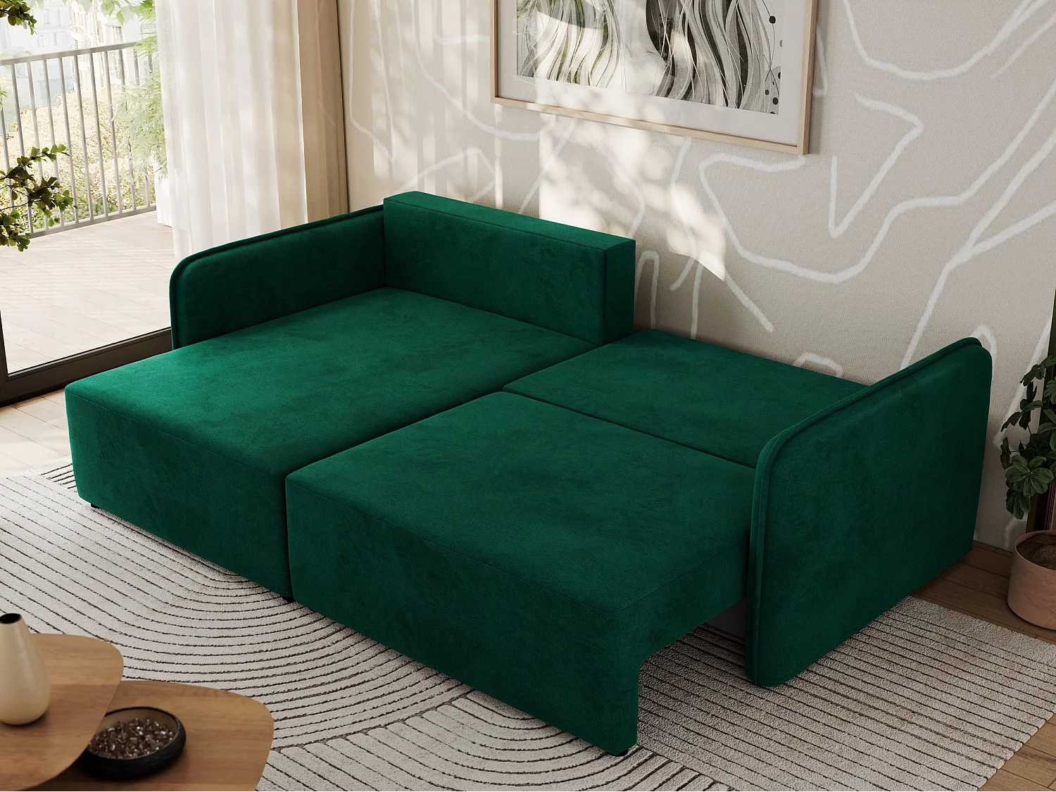Ecksofa MESTO - Schlaffunktion und Bettkasten, L-form Couch für das Wohnzimmer, Armlehnen - Dunkelgrün Velvet - Ecke Links
