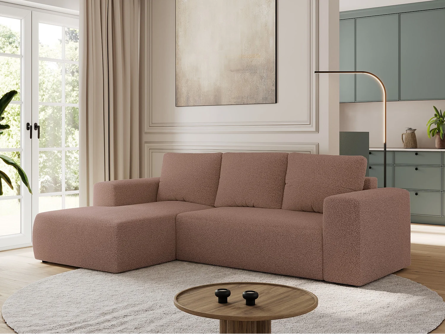 Ecksofa TRENTINO - mit Schlaffunktion und Bettkasten, L-form Couch, lose Kissen und Armlehnen - Rosa Boucle - Ecke Links
